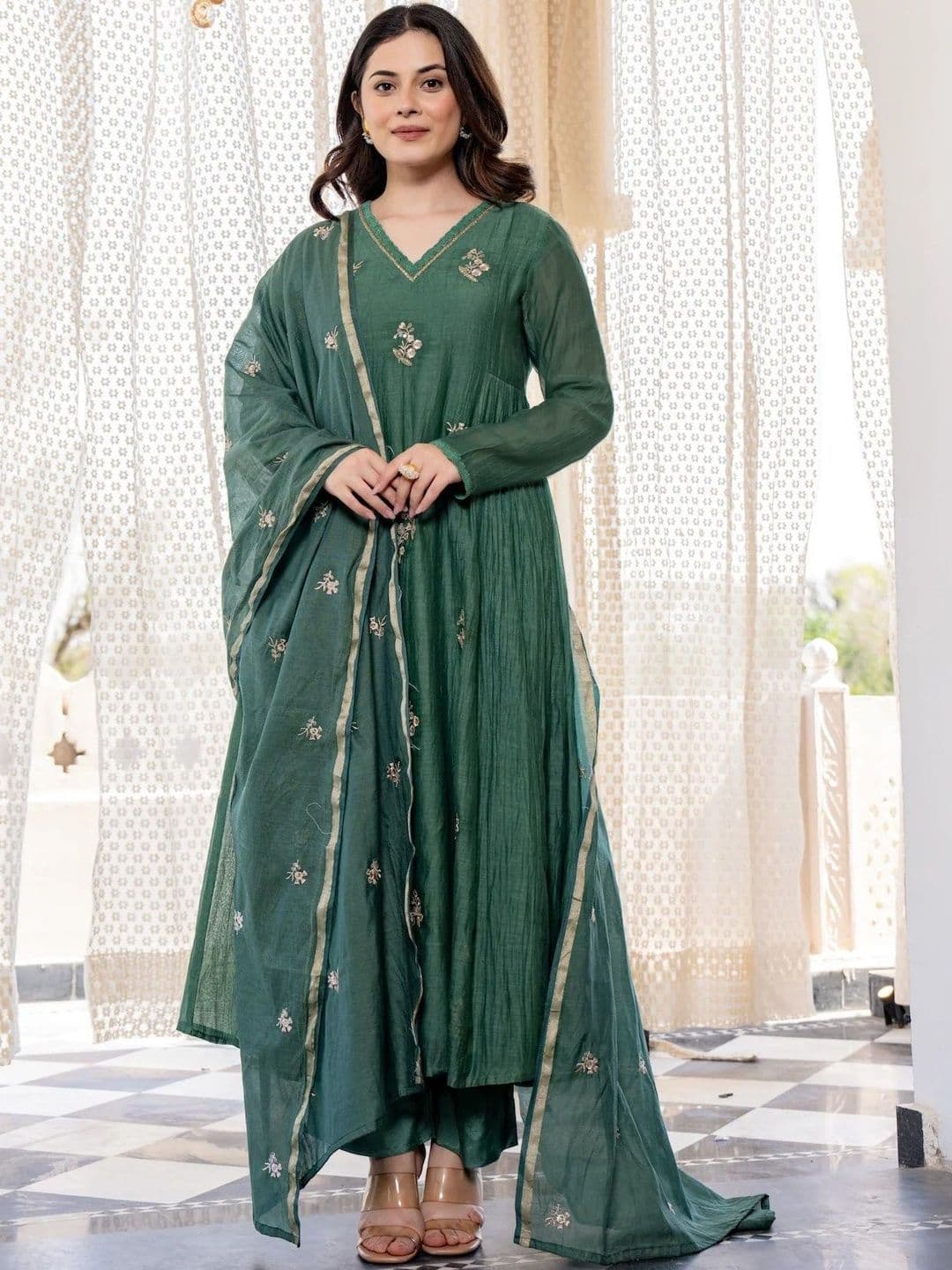 KALINI Women Ethnic Motifs Embroidered Empire Thread Work Kurta with Trousers & With Dupatta thumbnail 6