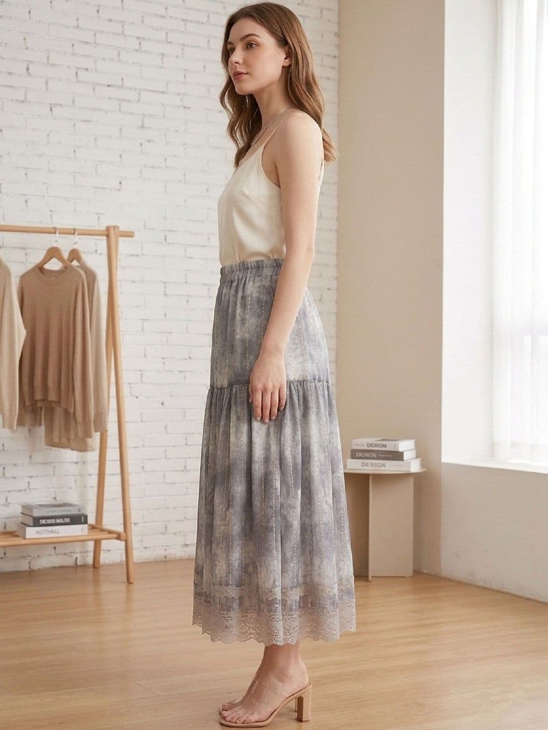 POLLOLOCO Women Cotton Abstract Tiered Midi Tiered Skirt thumbnail 2
