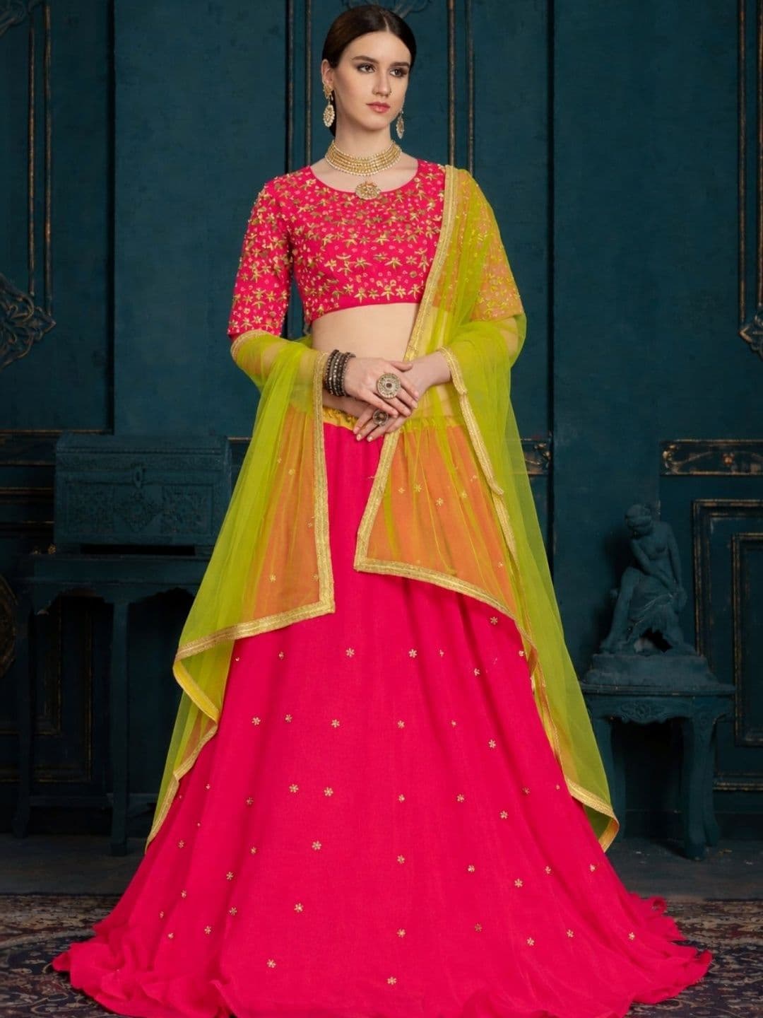 ODETTE Embroidered Thread Work Semi-Stitched Lehenga & Blouse With Dupatta - view 1