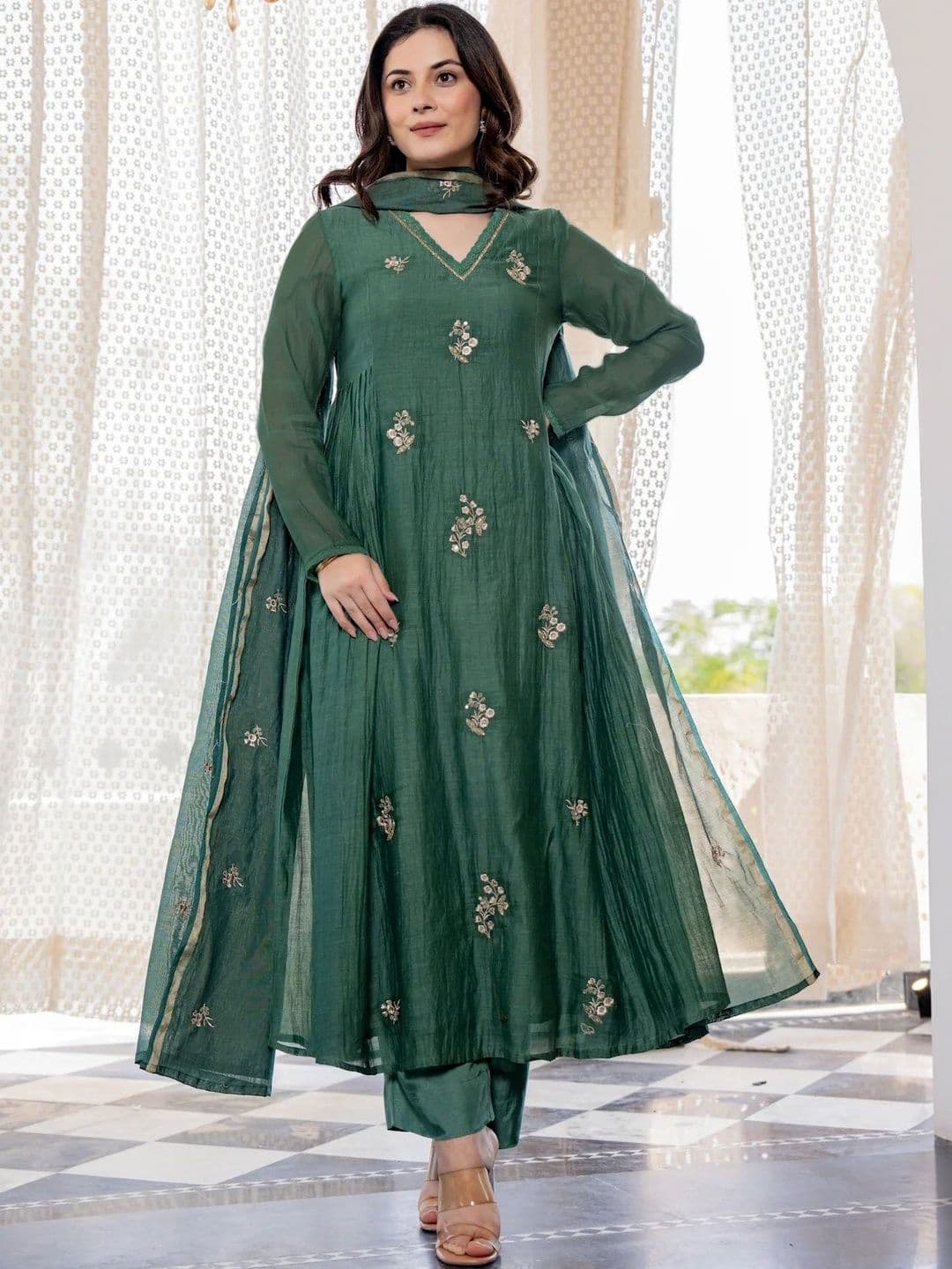 KALINI Women Ethnic Motifs Embroidered Empire Thread Work Kurta with Trousers & With Dupatta - view 1