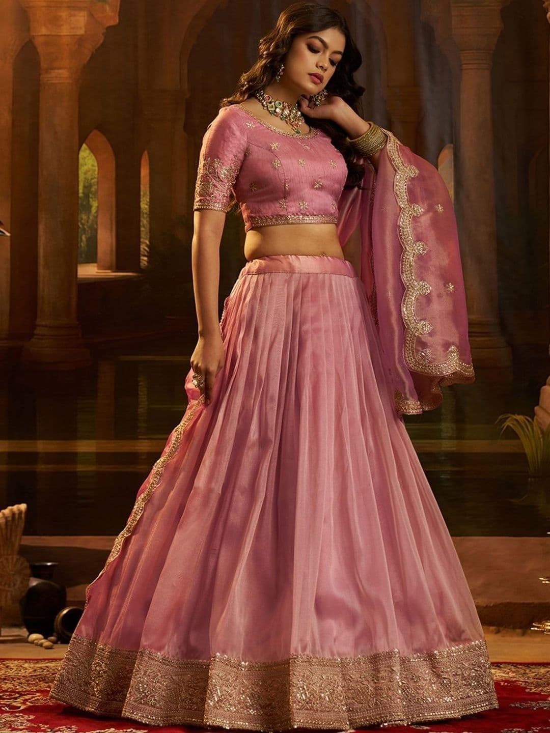 ODETTE Embroidered Thread Work Semi-Stitched Lehenga & Blouse With Dupatta thumbnail 5
