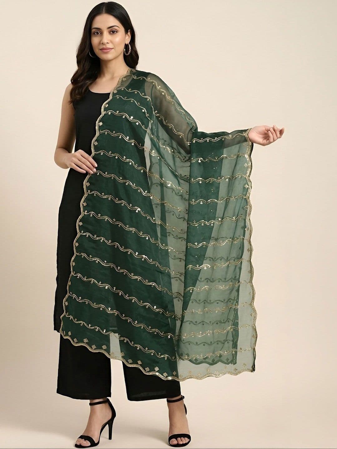 MUFFLY Embroidered Leheriya Dupatta with Sequinned - view 1