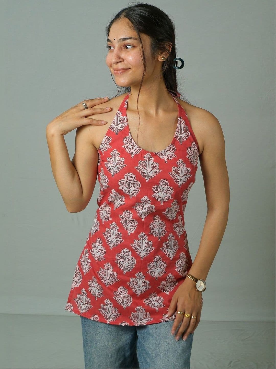 KSAMA Ethnic Motifs Printed Halter Neck Pure Cotton Kurti - view 1
