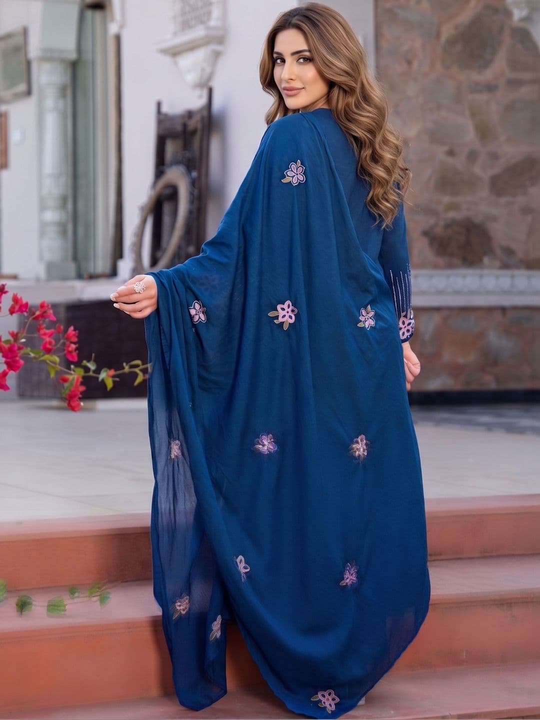Royal Export Women Floral Embroidered Tiered Thread Work Kurta with Trousers & Dupatta thumbnail 4
