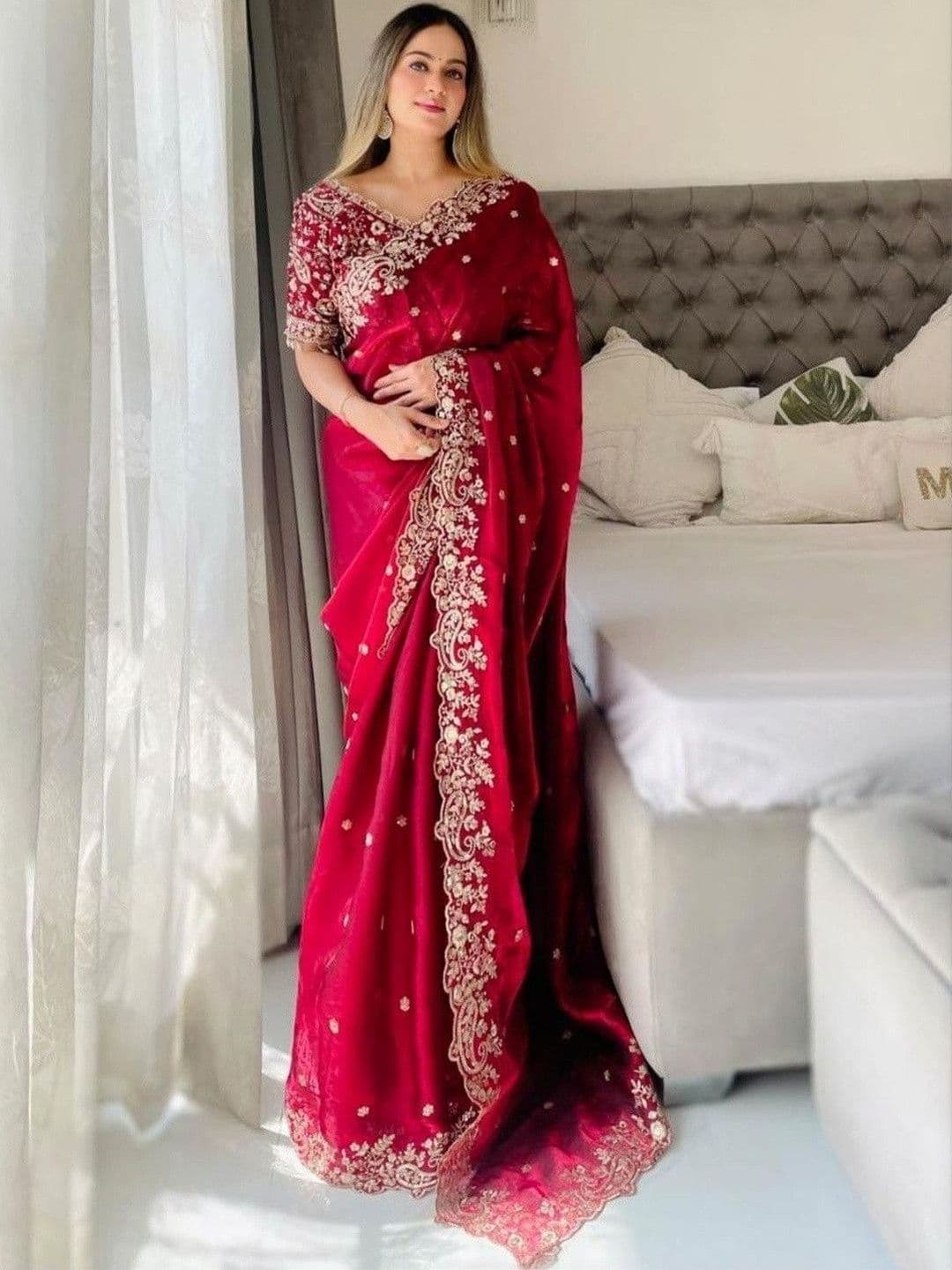 PEEYU Embellished Embroidered Satin Heavy Work Saree - view 1