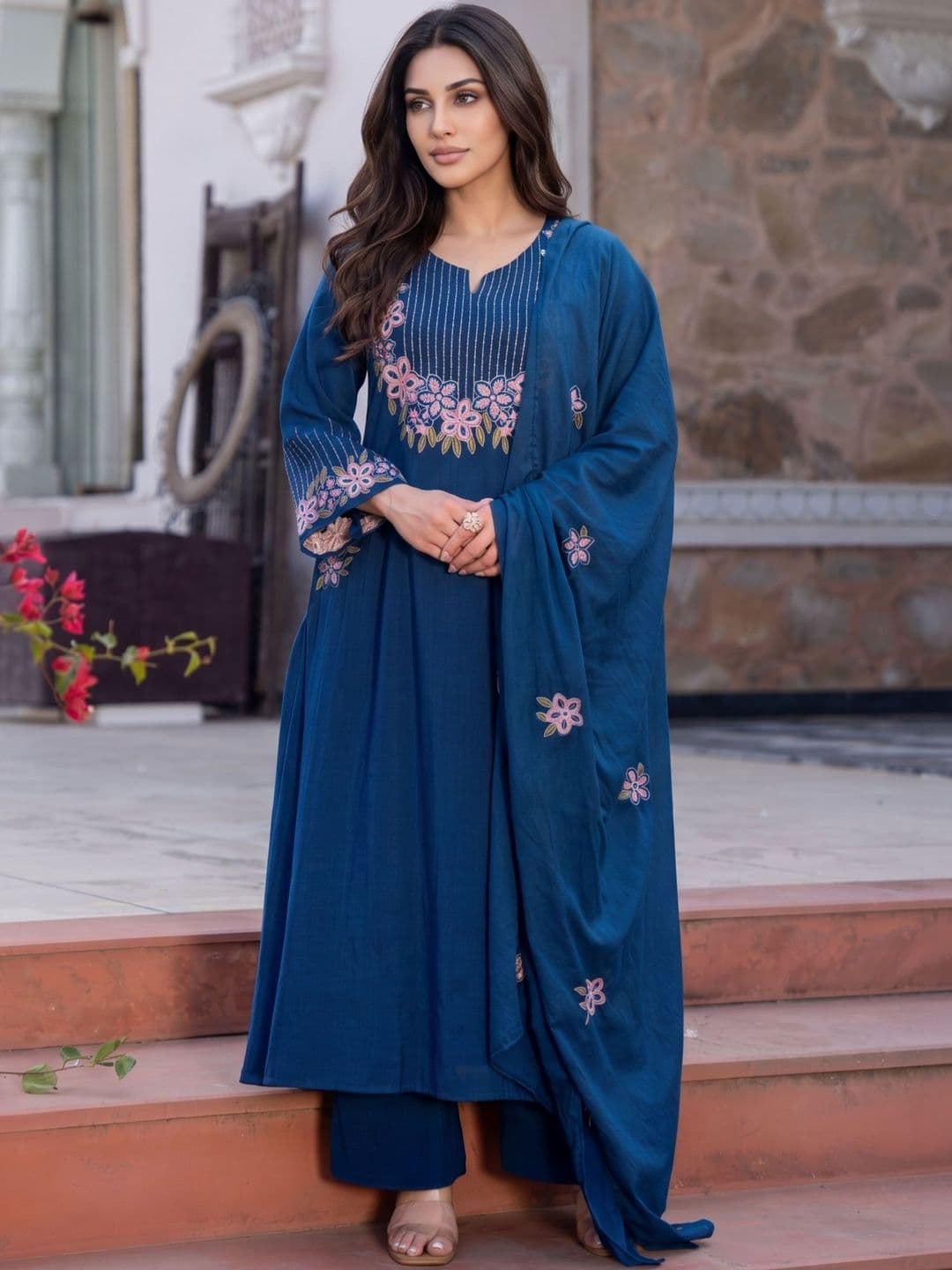 Royal Export Women Floral Embroidered Tiered Thread Work Kurta with Trousers & Dupatta thumbnail 2