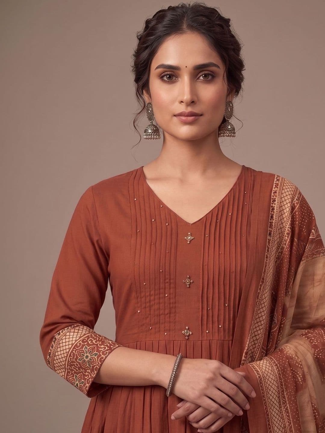 Sangria Printed Pure Cotton V-Neck Kurta & Trousers With Dupatta thumbnail 6