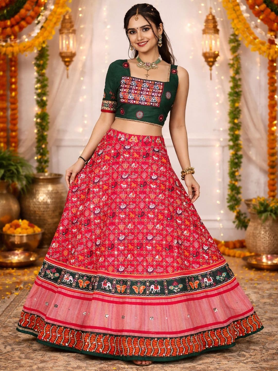 Shubh-Viyan Textiles Embroidered Mirror Work Block Print Semi-Stitched Lehenga & Blouse With Dupatta thumbnail 2