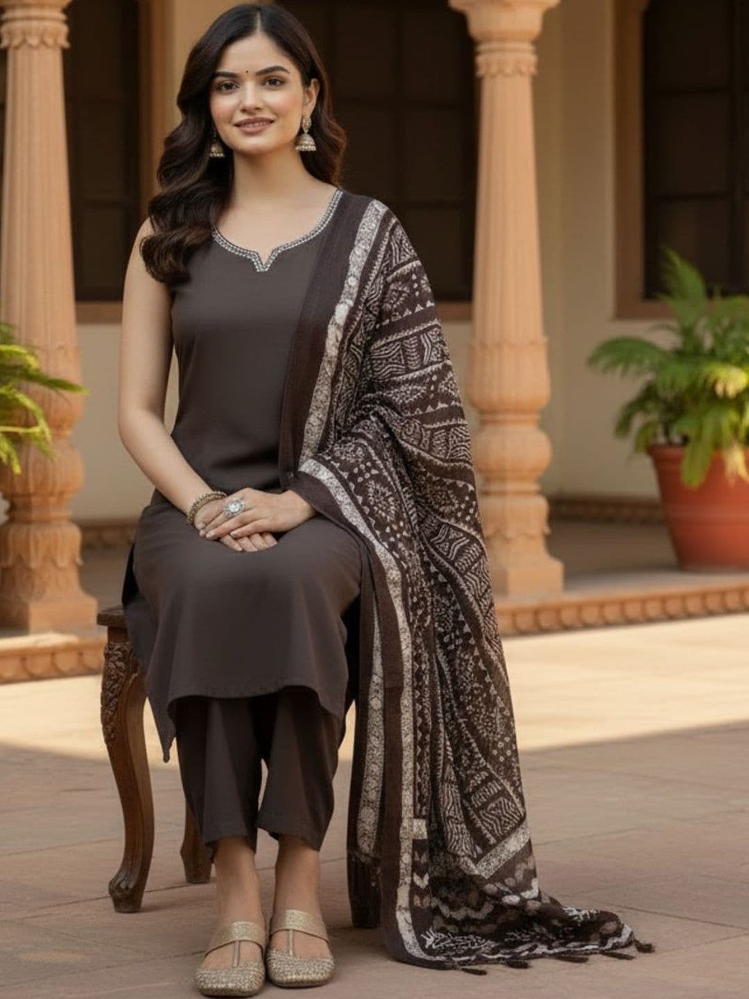 BrownEra Women Ethnic Motifs Regular Thread Work Pure Cotton Kurta with Trousers & With Dupatta thumbnail 5