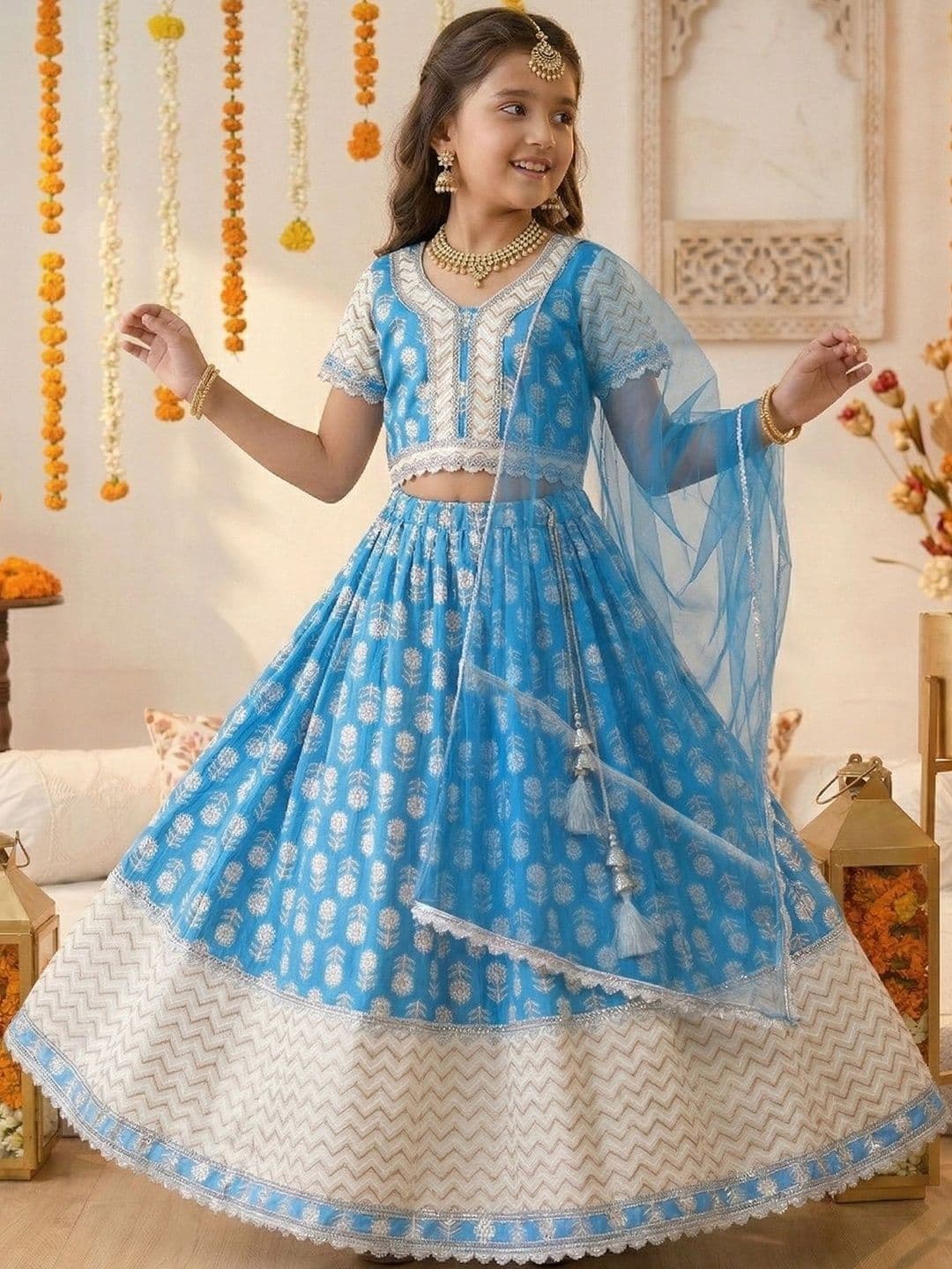 Pspeaches Girls Sky Blue Foil Cotton Lehenga Choli Dupatta Set thumbnail 2