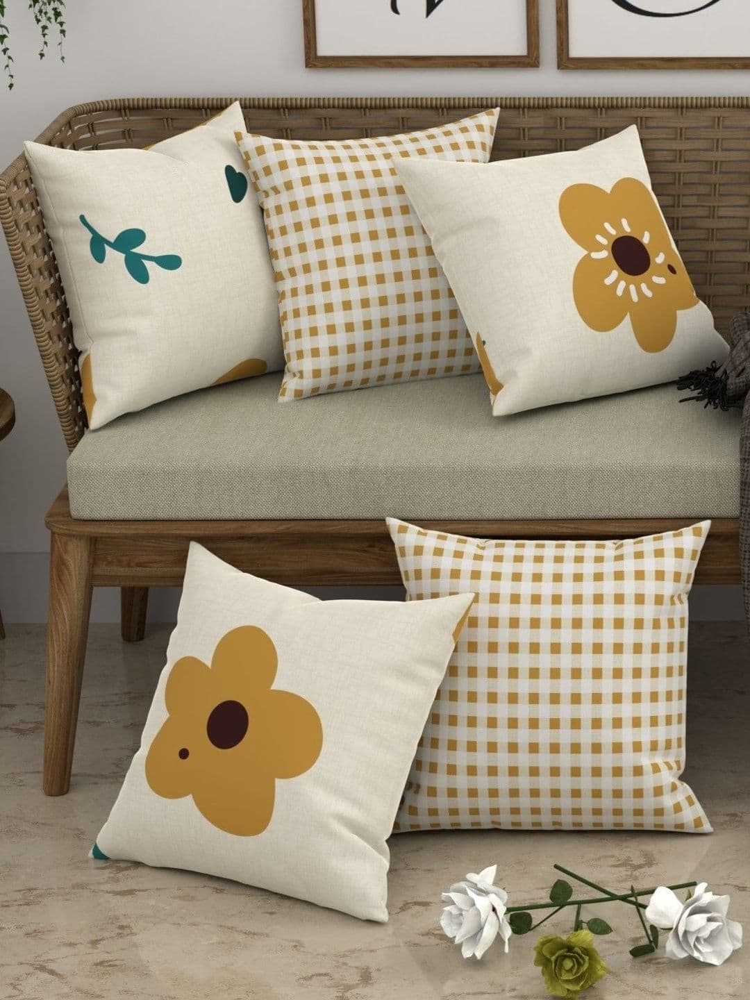 CHHAVI INDIA Yellow & White Set of 5 Floral Square Cushion Covers - view 1