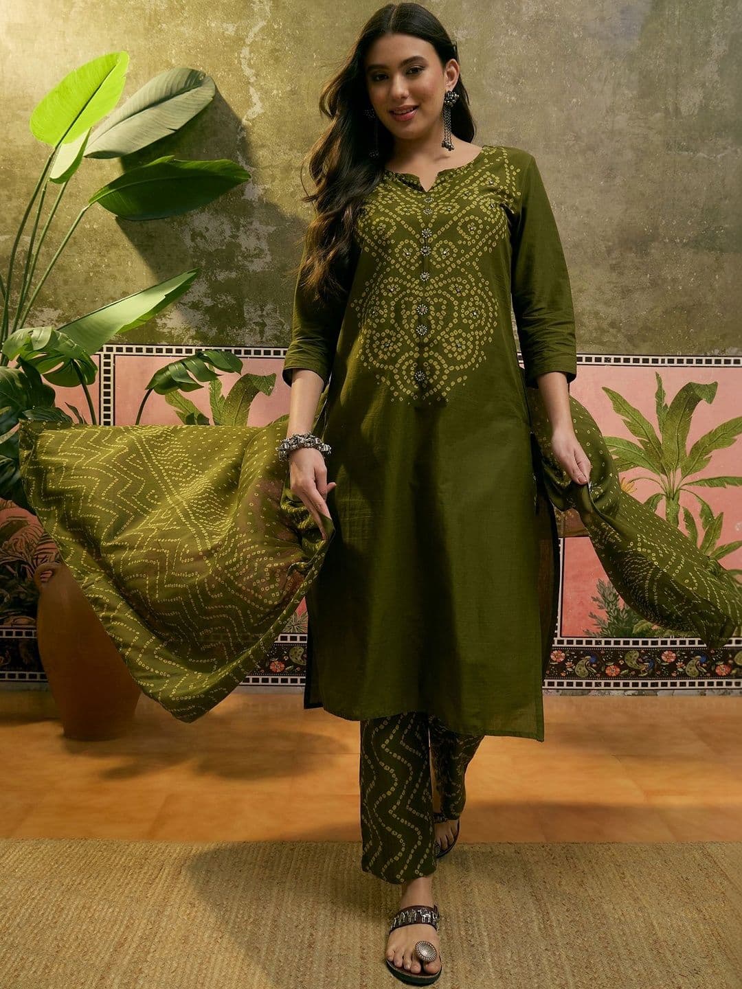 Sangria Printed Pure Cotton Round Neck Kurta & Trousers With Dupatta - view 1