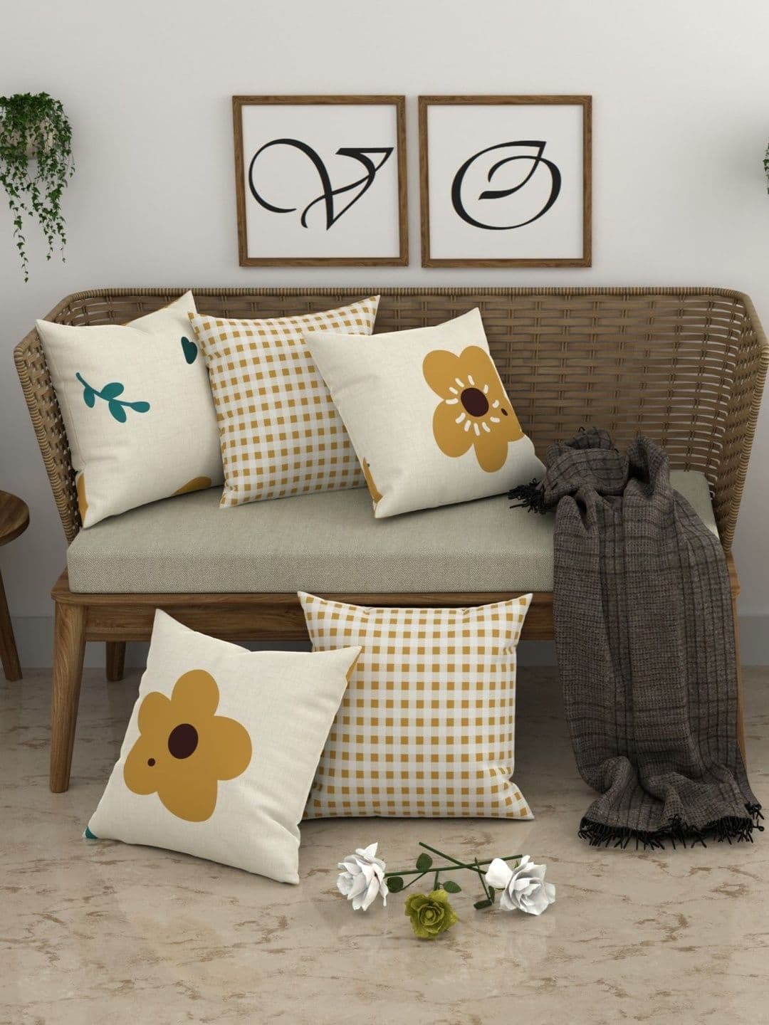 CHHAVI INDIA Yellow & White Set of 5 Floral Square Cushion Covers thumbnail 5
