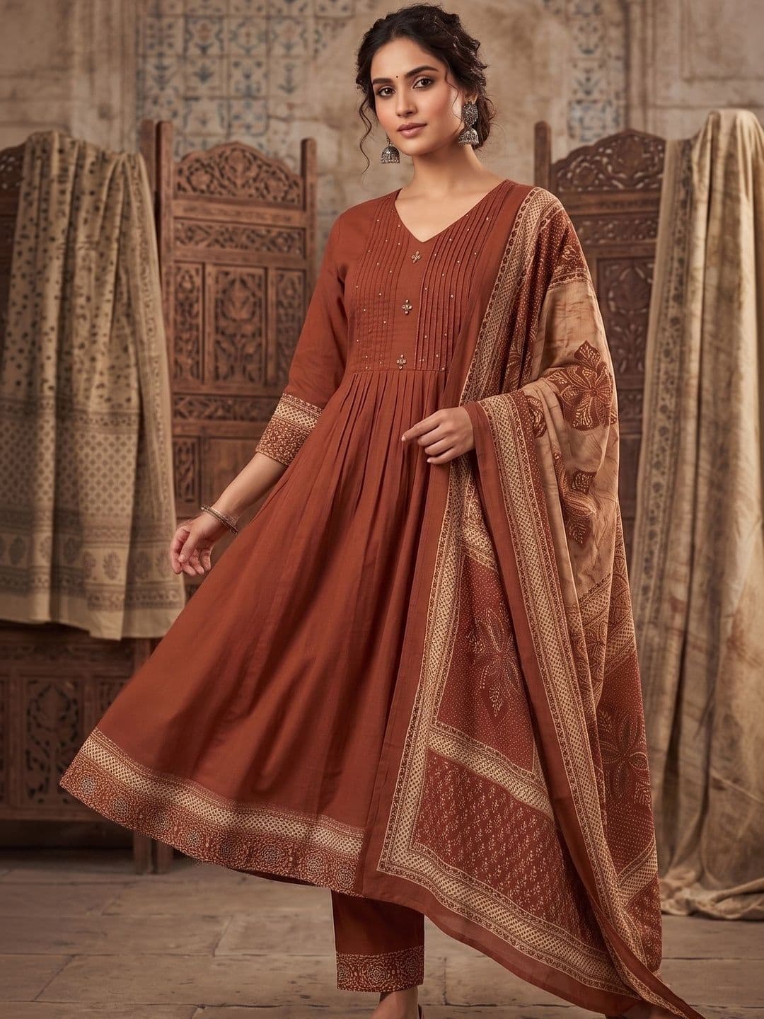 Sangria Printed Pure Cotton V-Neck Kurta & Trousers With Dupatta thumbnail 5