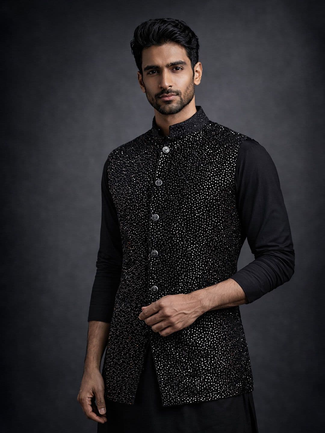 MODERN MUGHALS Embroidered Elegant Sequence Velevt Nehru Jacket thumbnail 4