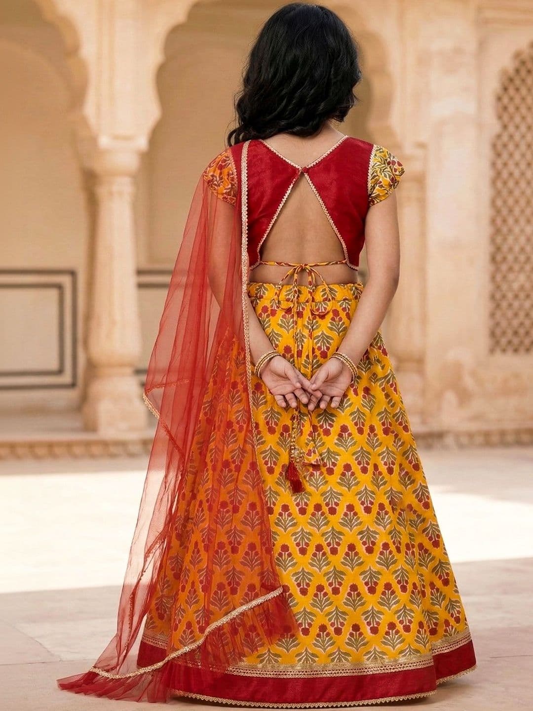 Pspeaches Red & Yellow Floral Print Flared Cotton Lehengha & Silk Choli With Dupatta thumbnail 4