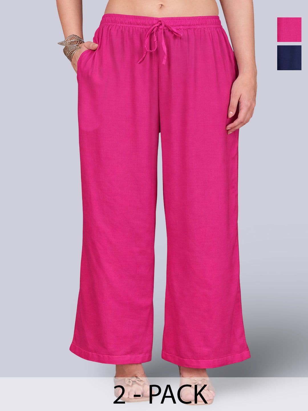 KALINI Women Pack Of 2 Flared Elasticated Knitted Palazzos - view 1