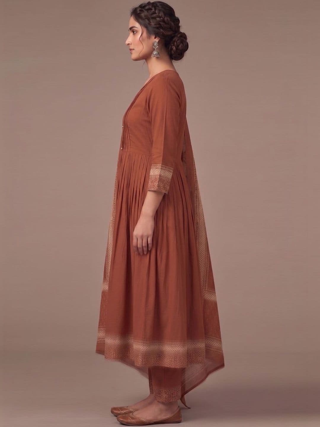 Sangria Printed Pure Cotton V-Neck Kurta & Trousers With Dupatta thumbnail 3
