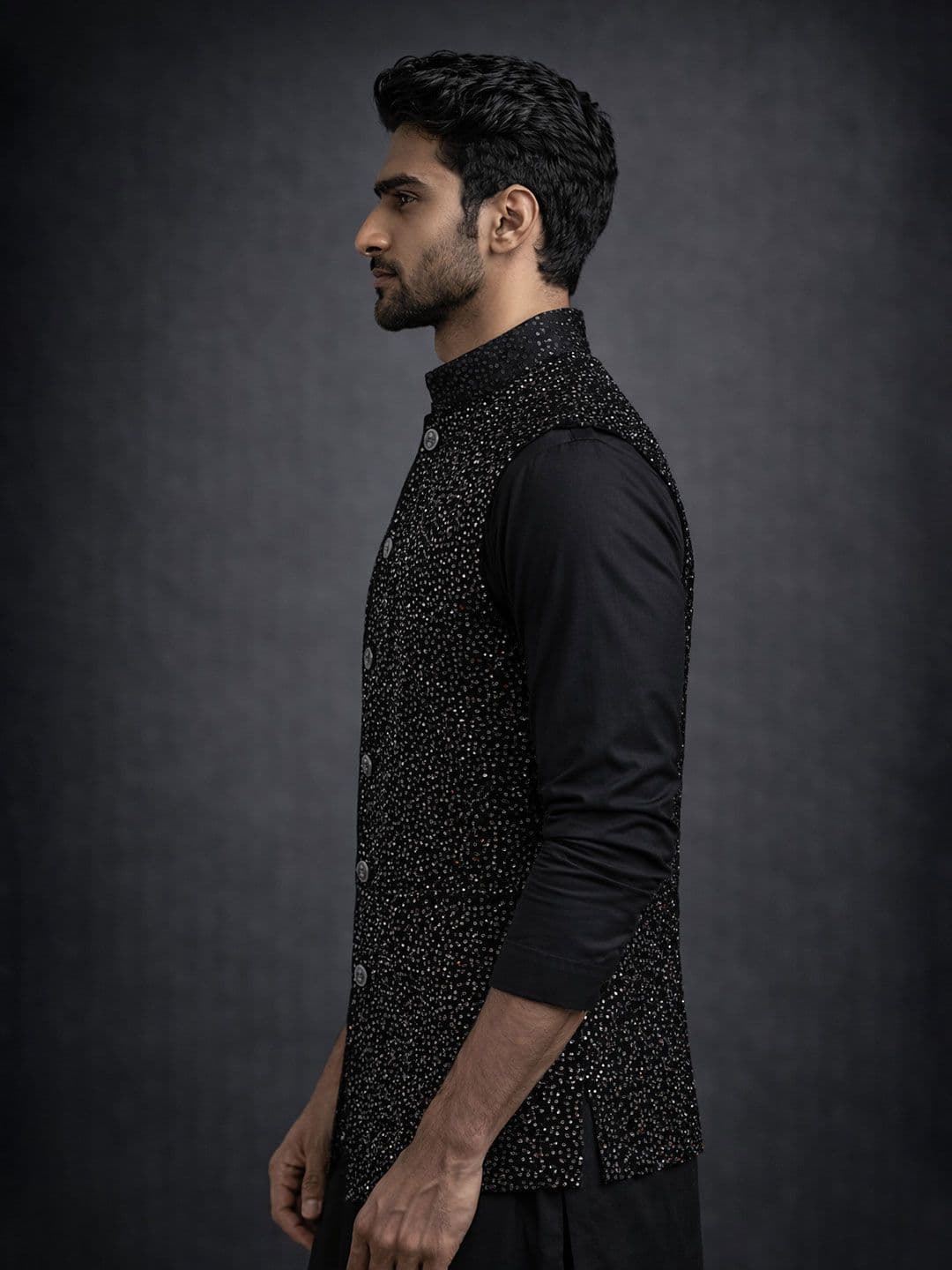 MODERN MUGHALS Embroidered Elegant Sequence Velevt Nehru Jacket thumbnail 2