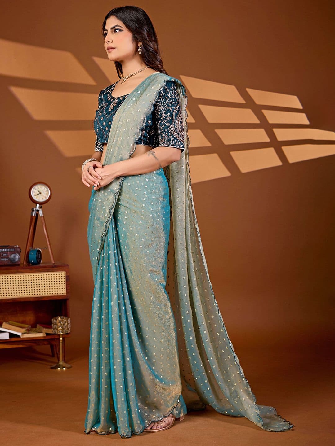 K 5 Fashion Embellished Sequinned Heavy Work Ikat Saree thumbnail 3