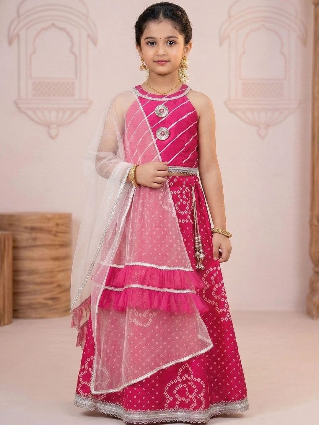 Pspeaches Girls Magenta Bandhani Cotton Lehenga Choli Dupatta Set thumbnail 4