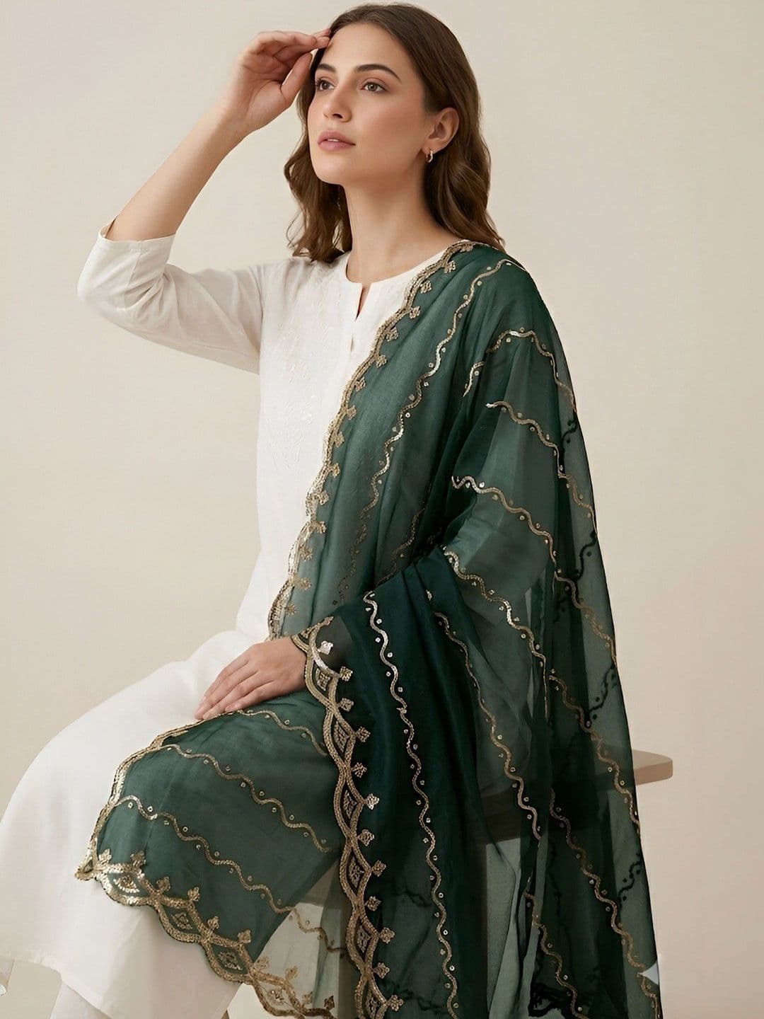 MUFFLY Embroidered Leheriya Dupatta with Sequinned thumbnail 5