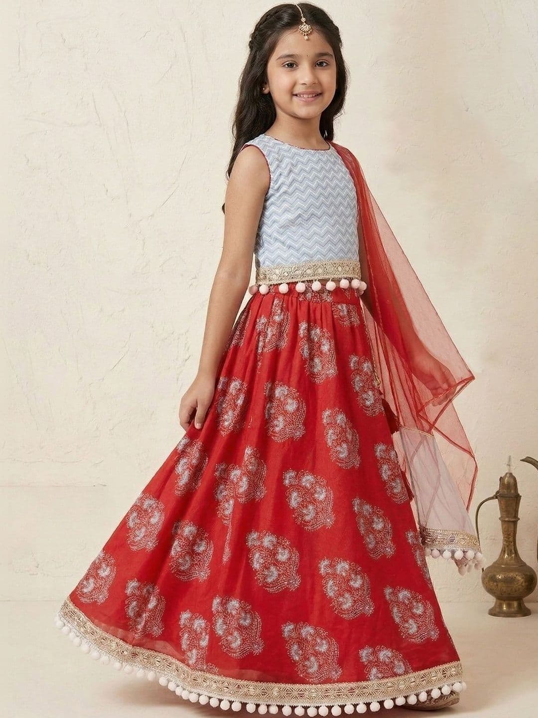 Pspeaches Girls Sky Blue And Red Motif Cotton Lehenga Choli Dupatta Set thumbnail 3