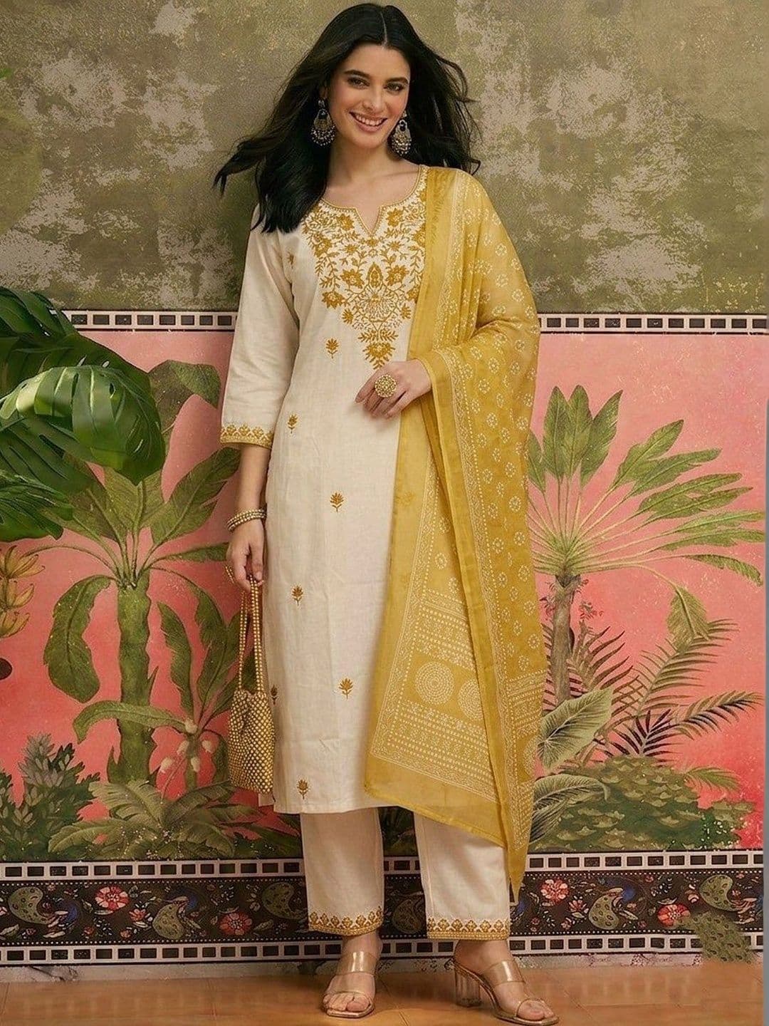 Sangria Embroidered Pure Cotton Round Neck Kurta & Trousers With Dupatta - view 1