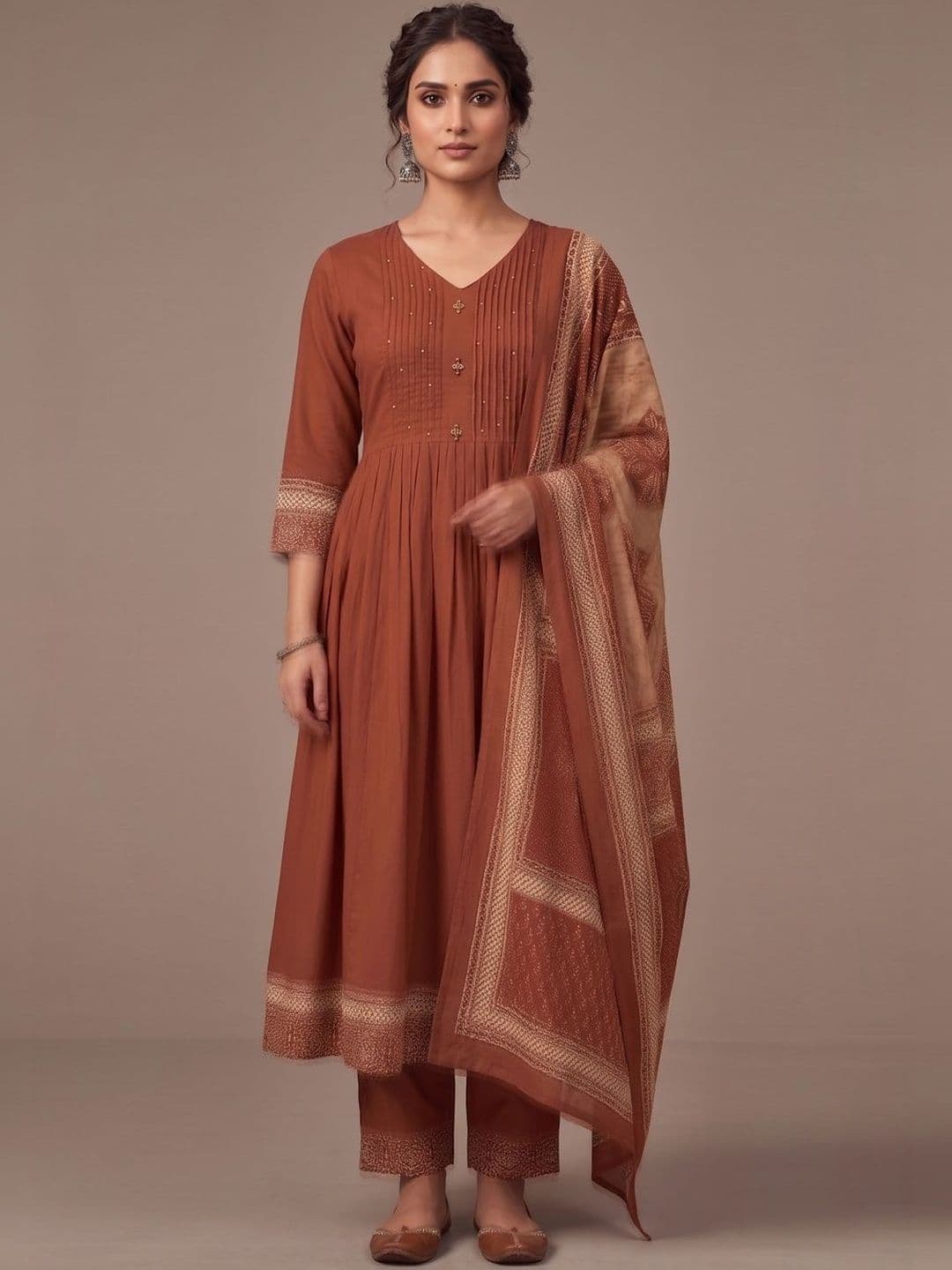 Sangria Printed Pure Cotton V-Neck Kurta & Trousers With Dupatta - view 1