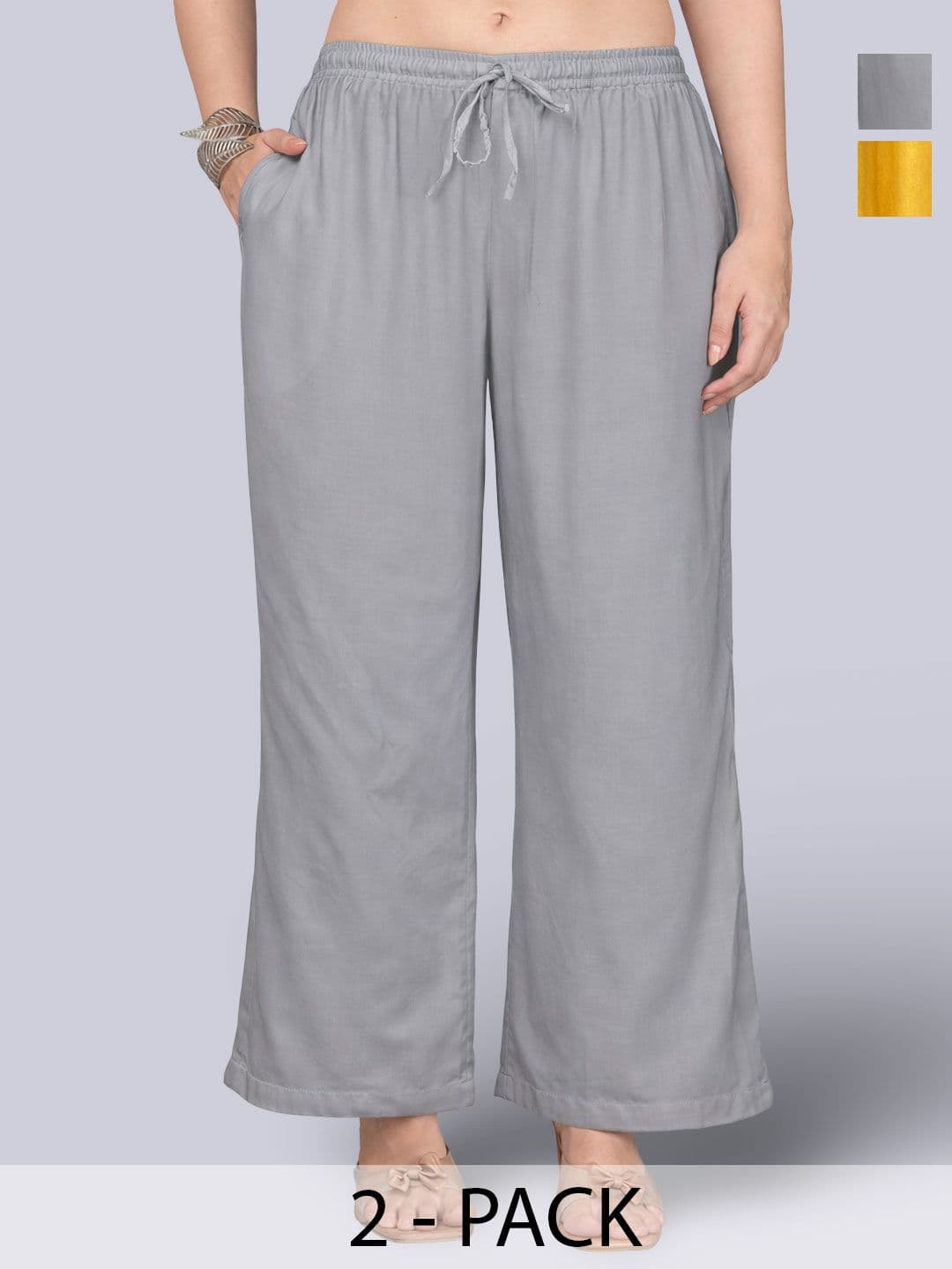 KALINI Women Pack Of 2 Flared Elasticated Knitted Palazzos - view 1