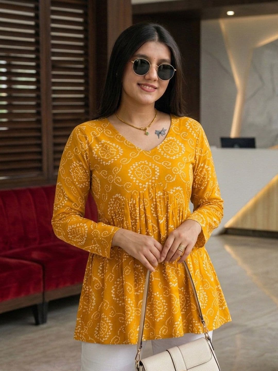 Vastrakaya Bandhani Printed V-Neck Pure Cotton Blend Empire Kurti - view 1