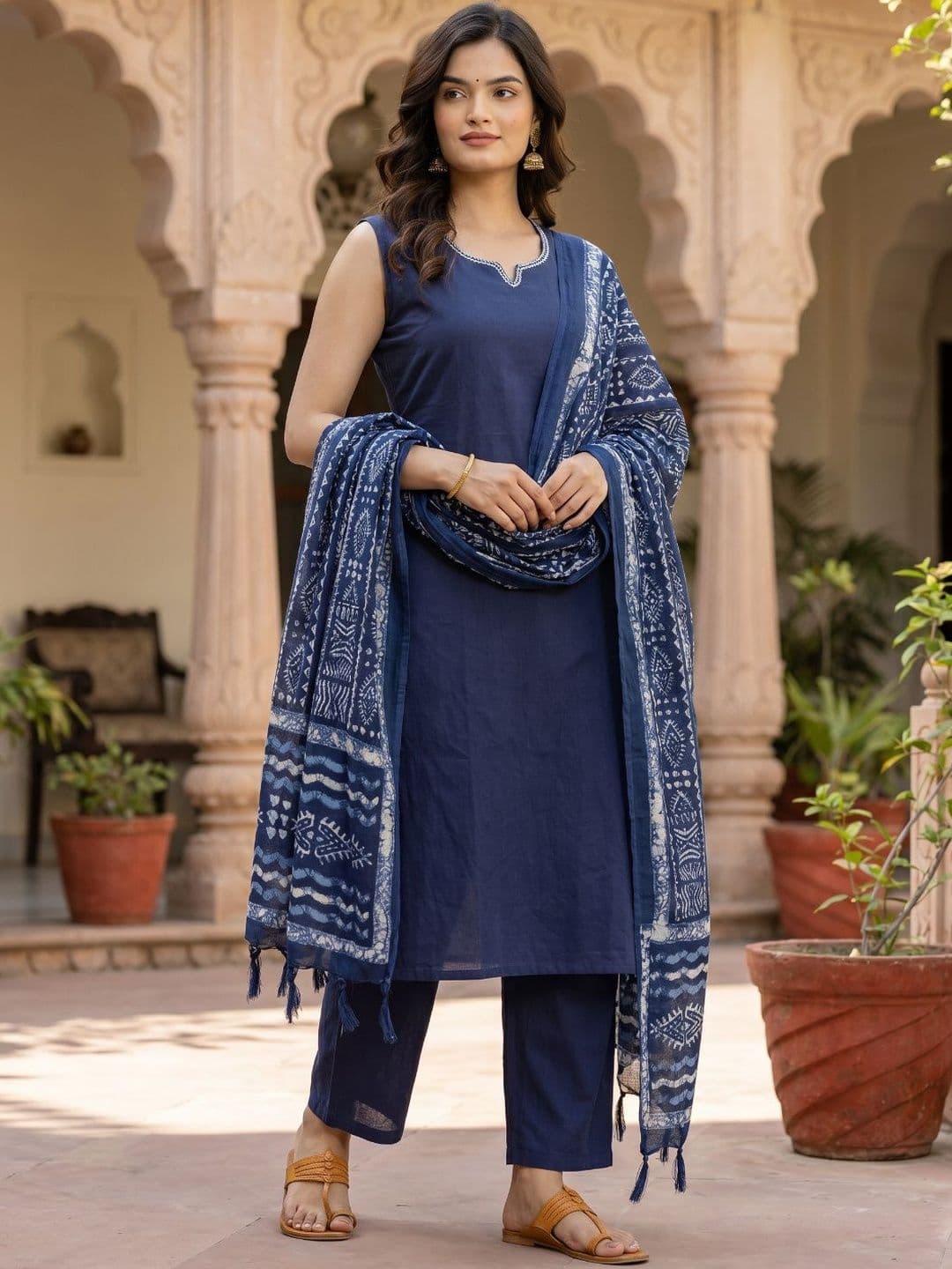 ANTARMANA FASHIONS Women Ethnic Motifs Regular Thread Work Pure Cotton Kurta with Trousers & With Dupatta - view 1