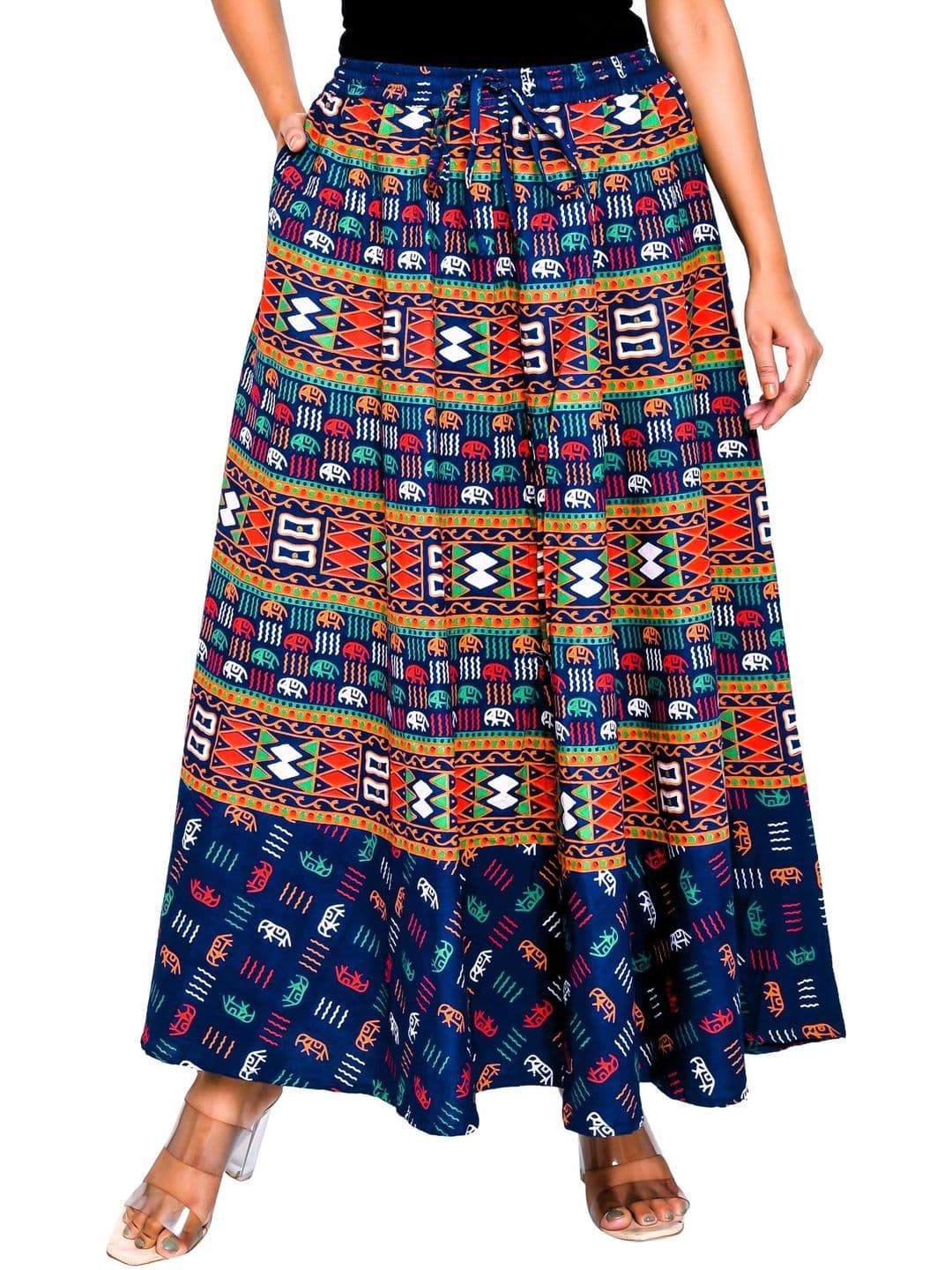 SAMJHI Women Pure Cotton Geometric Tribal or Aztec Print Maxi Flared Skirt - view 1
