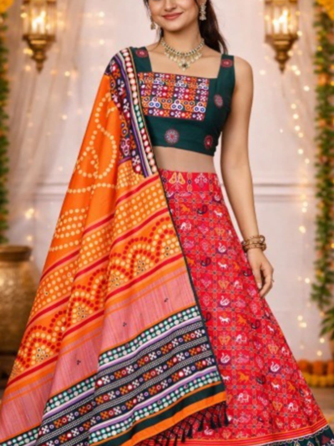 Shubh-Viyan Textiles Embroidered Mirror Work Block Print Semi-Stitched Lehenga & Blouse With Dupatta thumbnail 4