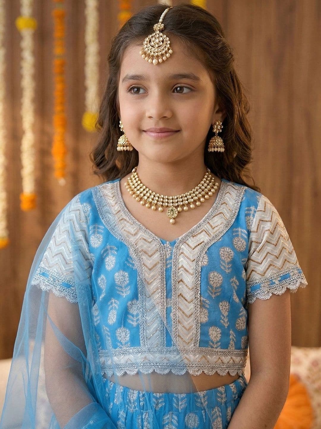 Pspeaches Girls Sky Blue Foil Cotton Lehenga Choli Dupatta Set thumbnail 4