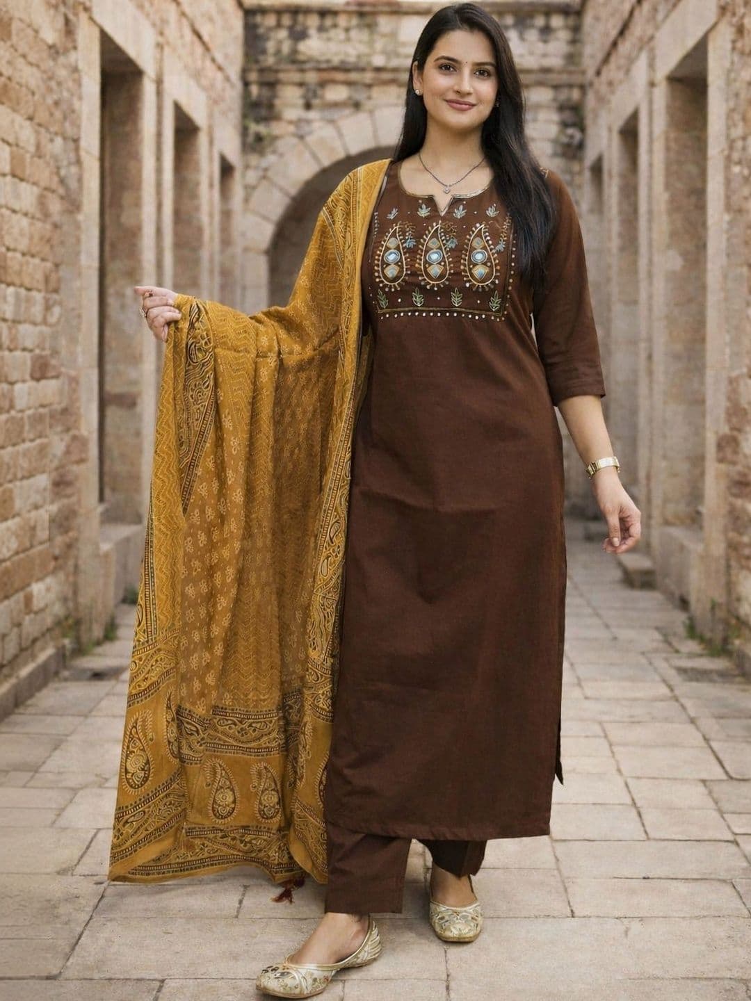 HERE&NOW Women Ethnic Motifs Embroidered Regular Thread Work Pure Cotton Kurta with Trousers & With Dupatta - view 1