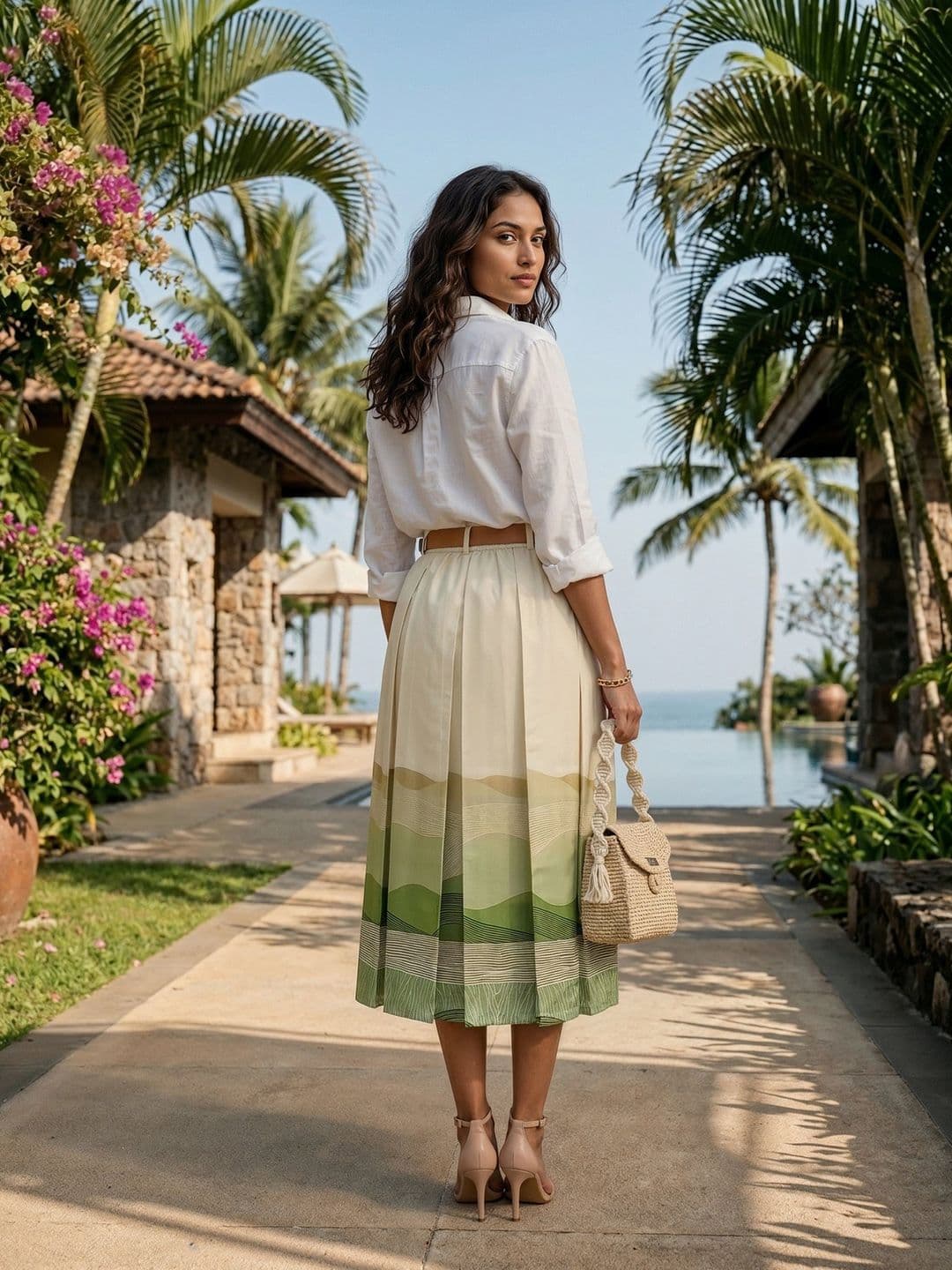 AASK Women Pure Cotton Blend Abstract Tropical Midi A-Line Skirt thumbnail 2