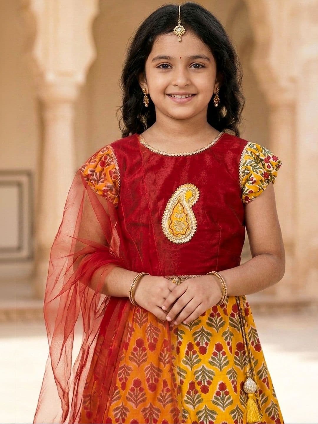 Pspeaches Red & Yellow Floral Print Flared Cotton Lehengha & Silk Choli With Dupatta thumbnail 2