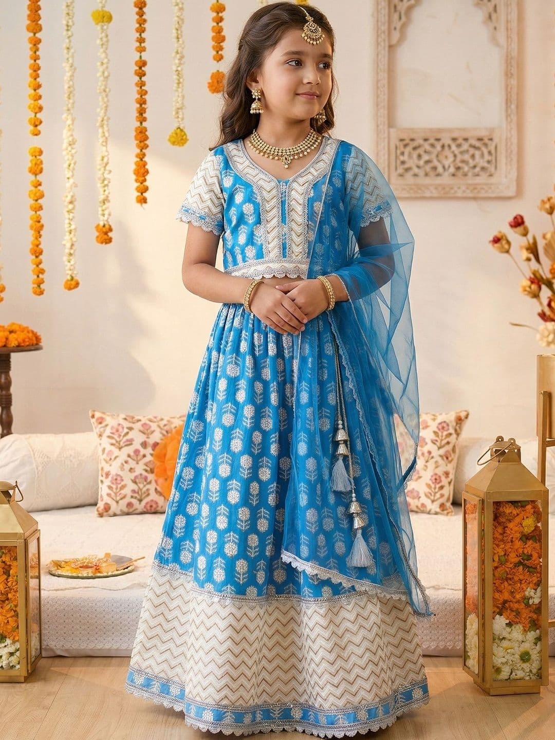 Pspeaches Girls Sky Blue Foil Cotton Lehenga Choli Dupatta Set - view 1