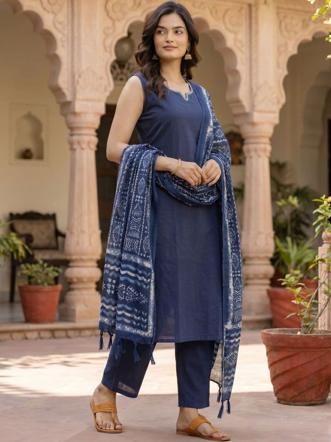 BrownEra Women Ethnic Motifs Regular Thread Work Pure Cotton Kurta with Trousers & With Dupatta thumbnail 3