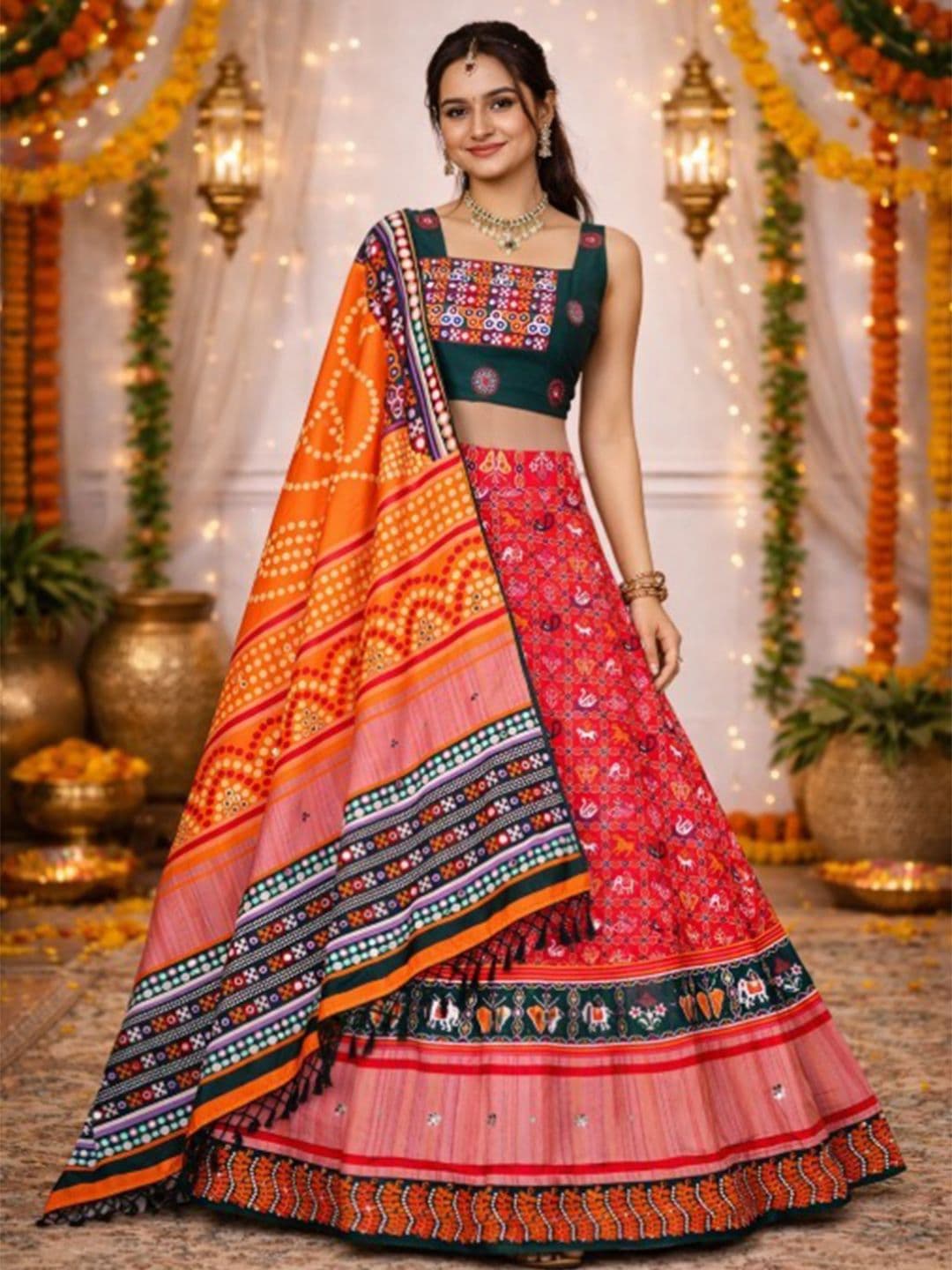 Shubh-Viyan Textiles Embroidered Mirror Work Block Print Semi-Stitched Lehenga & Blouse With Dupatta - view 1