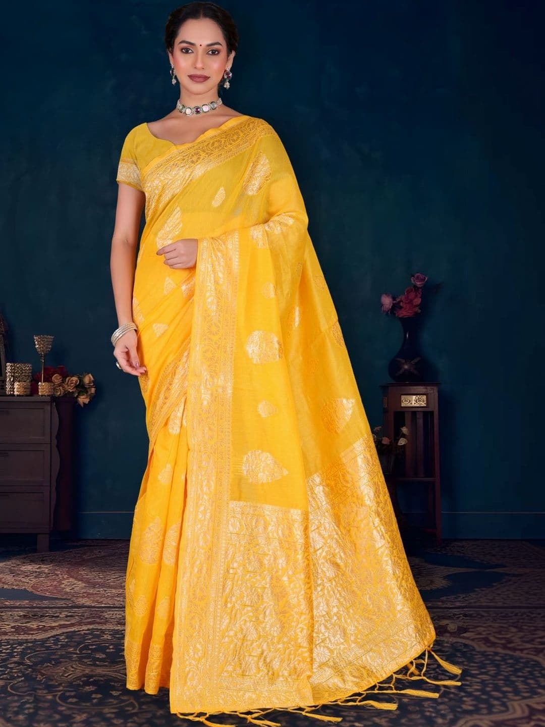 Sangria Yellow Woven Design Zari Banarasi Saree With Unstitched Blouse - view 1