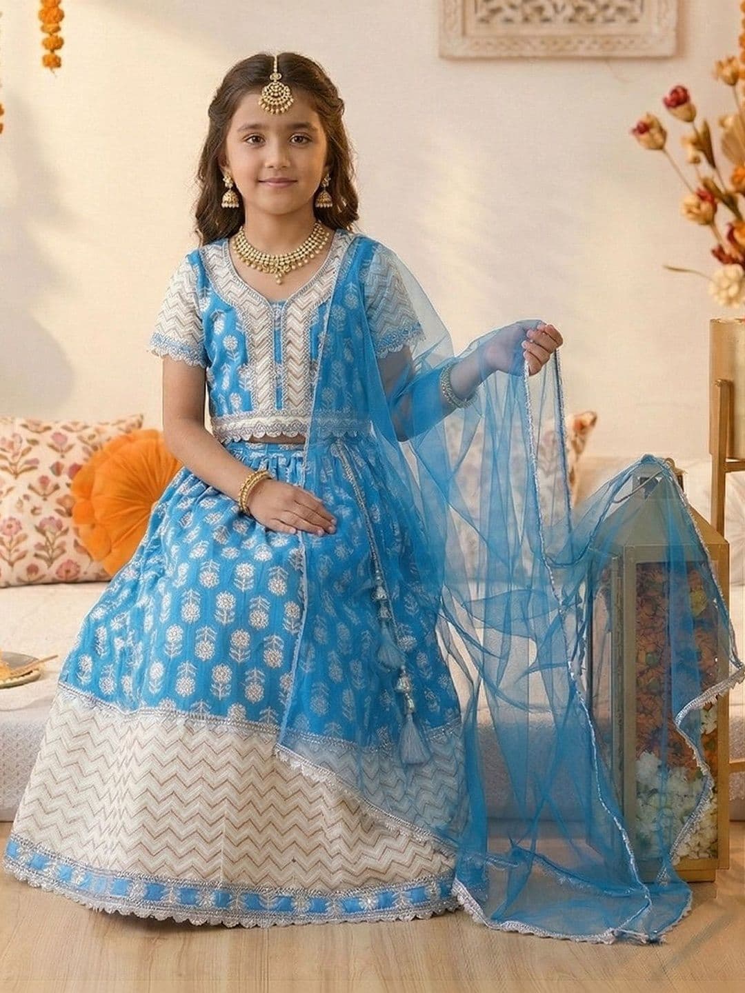 Pspeaches Girls Sky Blue Foil Cotton Lehenga Choli Dupatta Set thumbnail 5