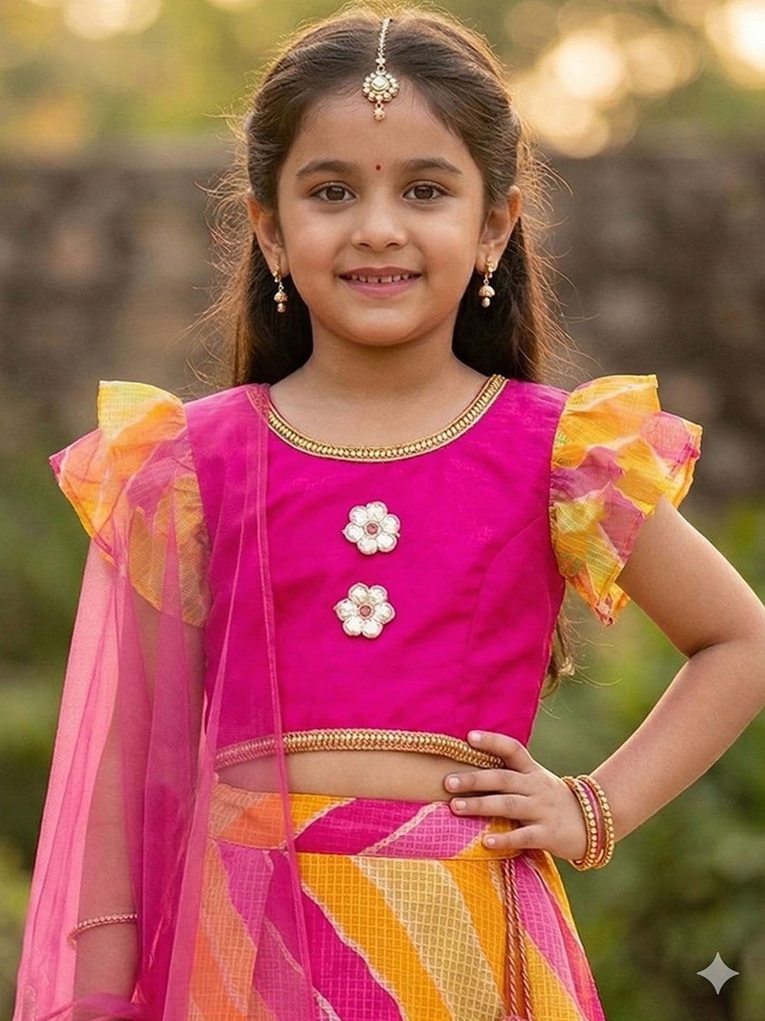 Pspeaches Girls Red Kota Lehenga Fuchsia Silk Choli Dupatta Set thumbnail 3