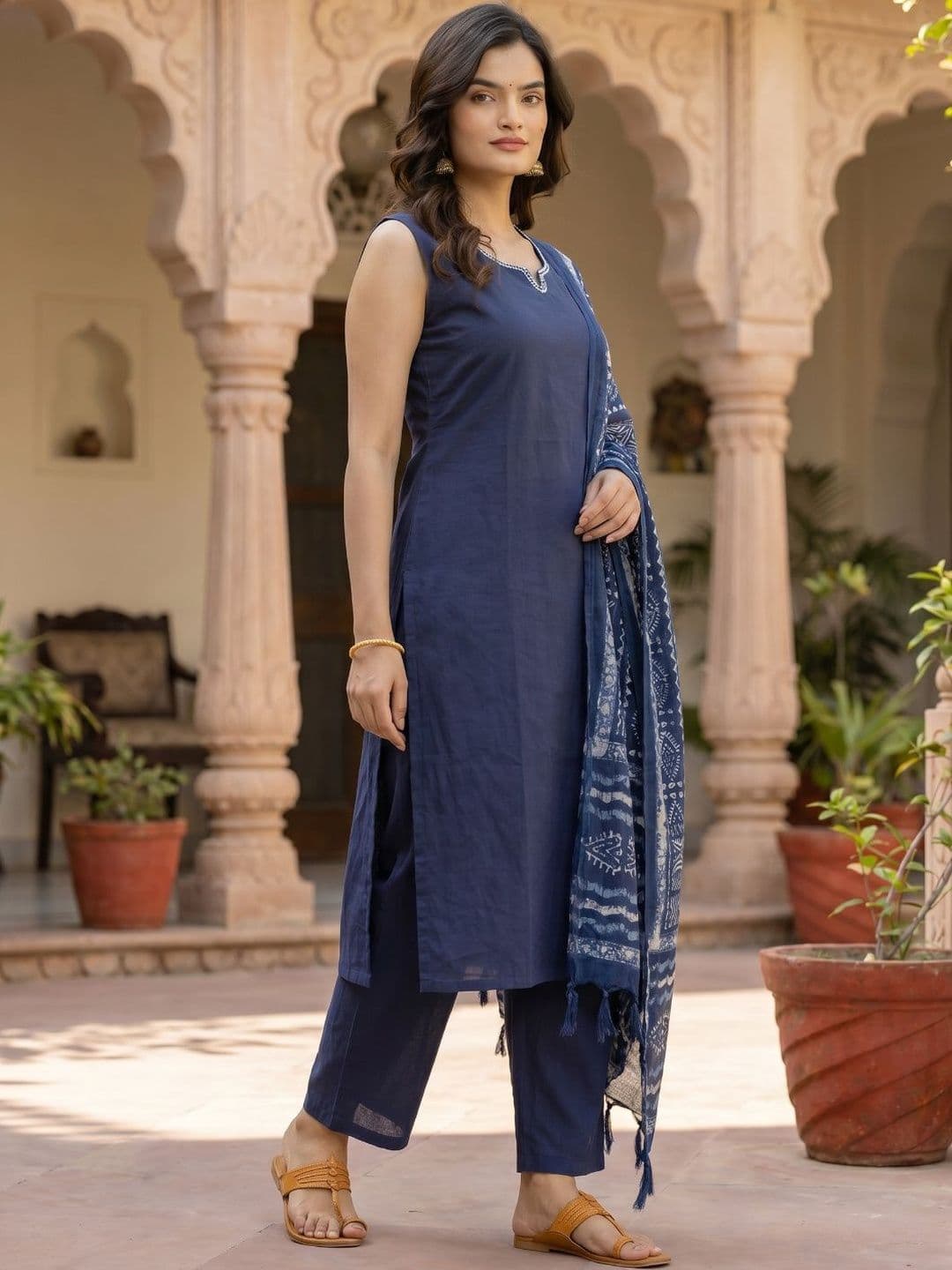 ANTARMANA FASHIONS Women Ethnic Motifs Regular Thread Work Pure Cotton Kurta with Trousers & With Dupatta thumbnail 5