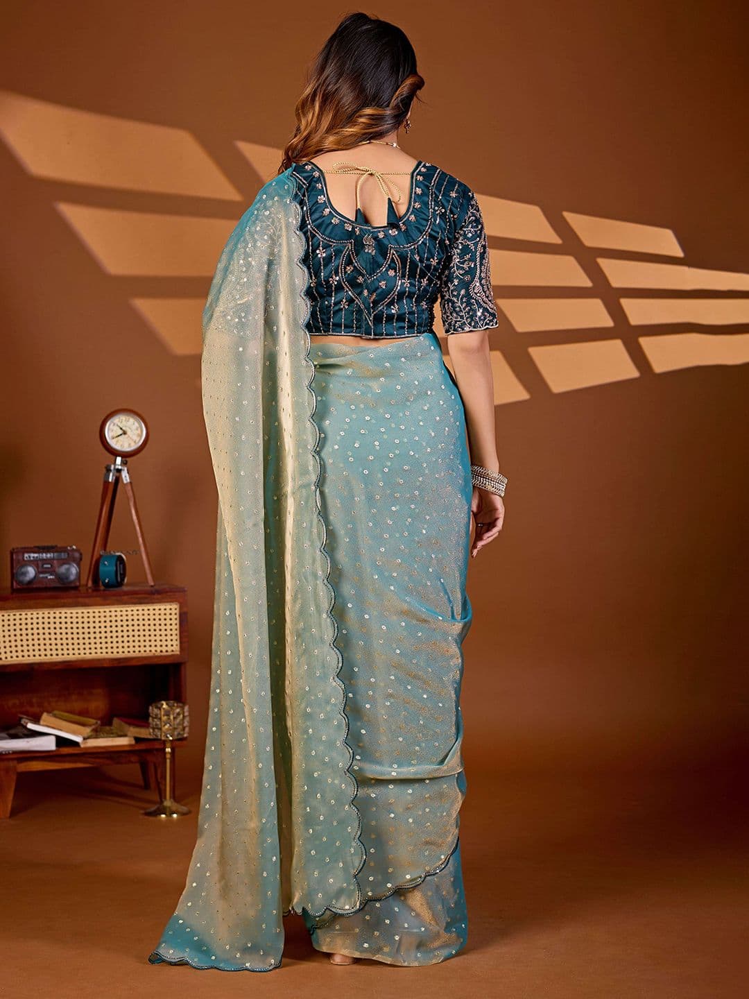 K 5 Fashion Embellished Sequinned Heavy Work Ikat Saree thumbnail 7