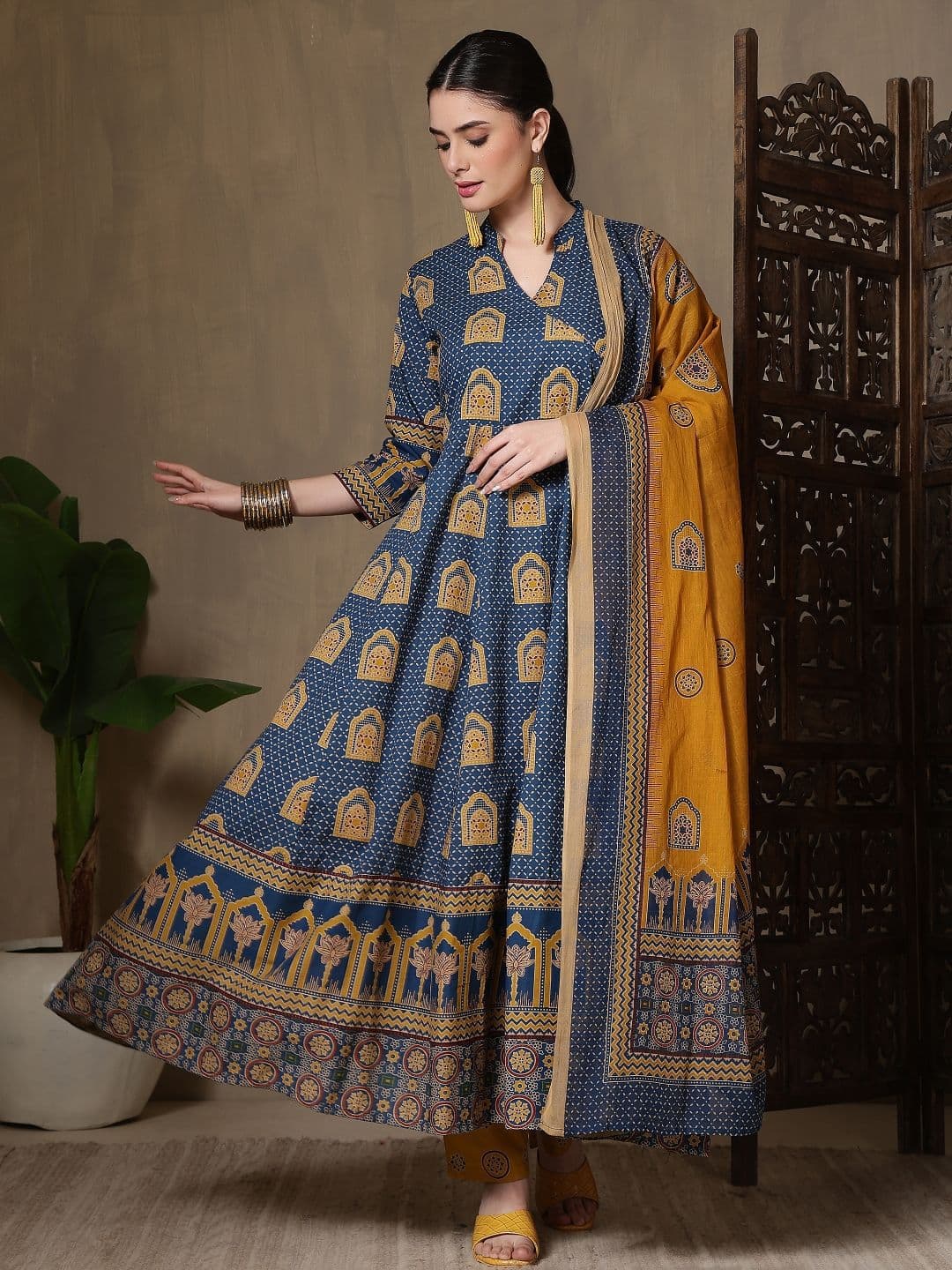 Kalphem Women Ethnic Motifs Printed Angrakha Pure Cotton Kurta with Trousers & With Dupatta - view 1