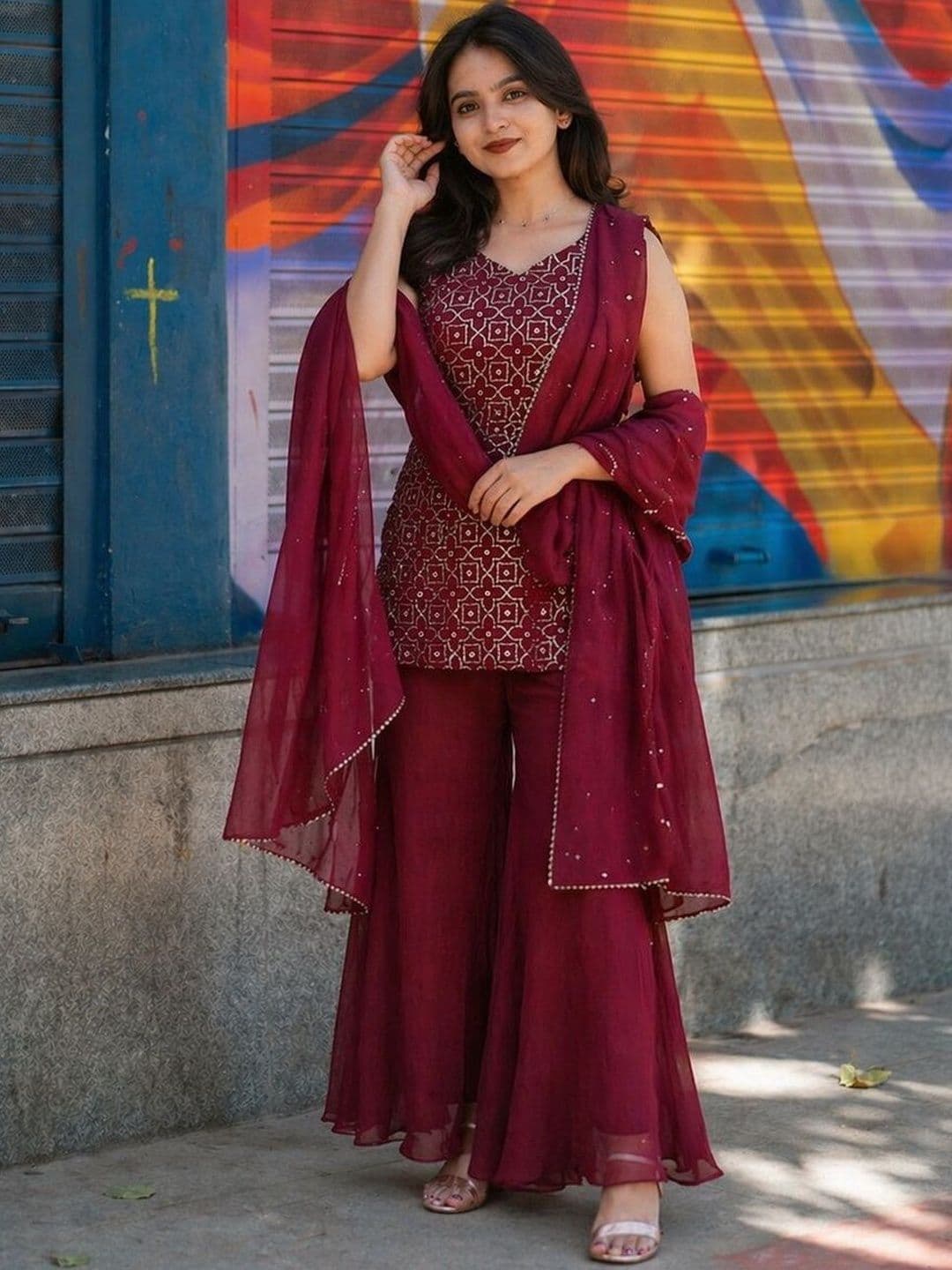AKSHARAM Women Ethnic Motifs Embroidered Regular Sequinned Silk Georgette Kurta with Sharara & With Dupatta thumbnail 2