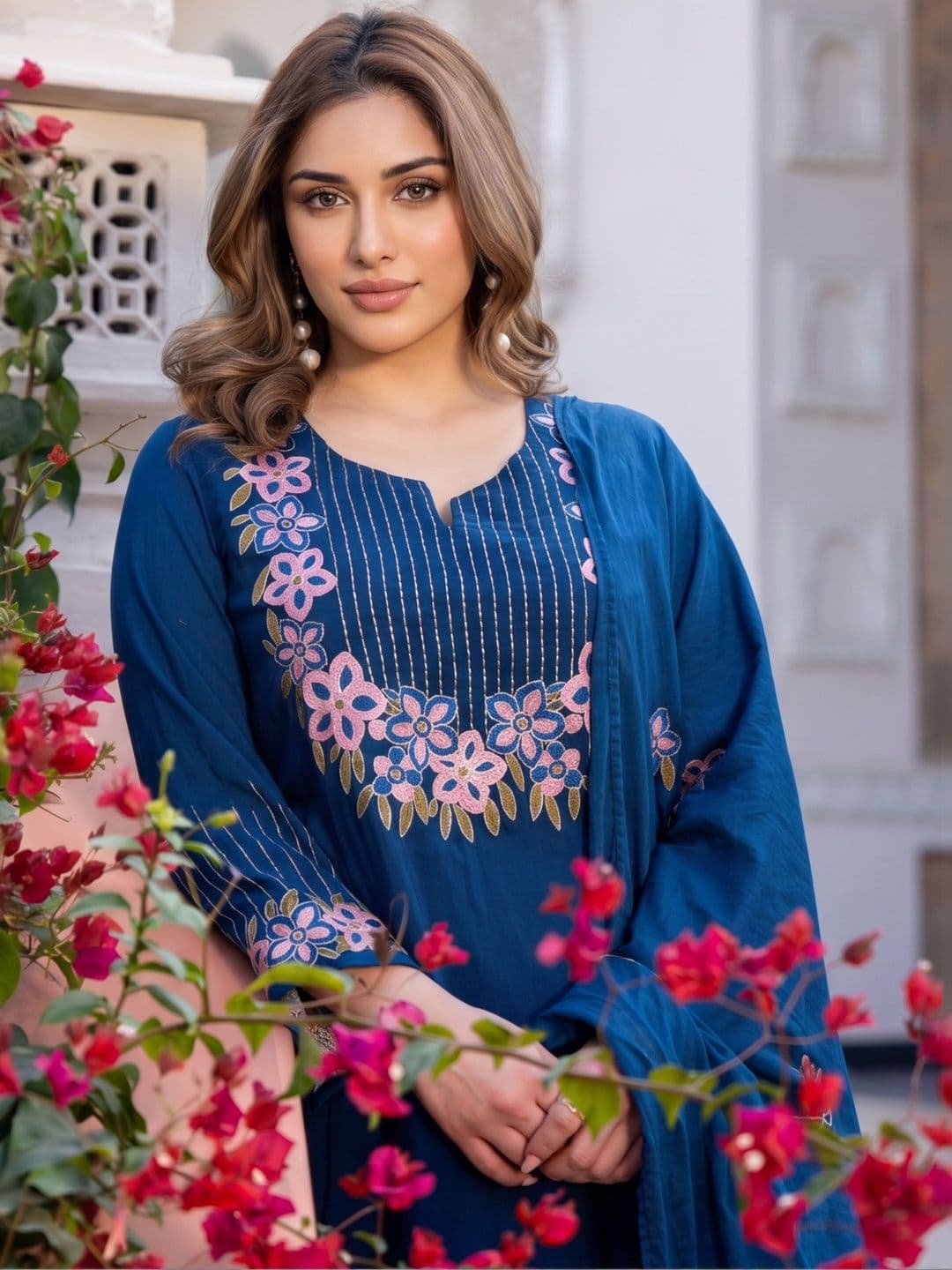 Royal Export Women Floral Embroidered Tiered Thread Work Kurta with Trousers & Dupatta thumbnail 3