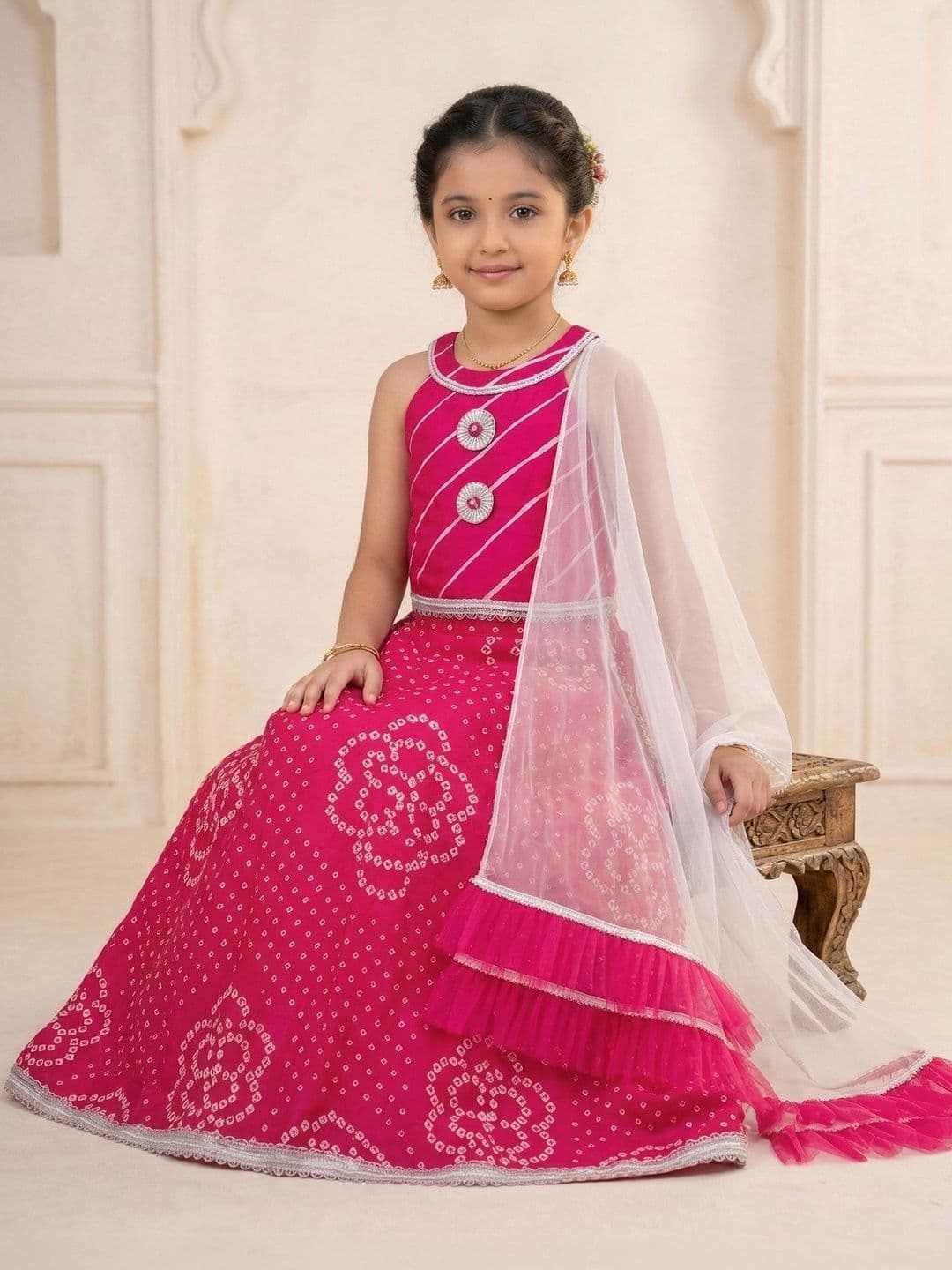 Pspeaches Girls Magenta Bandhani Cotton Lehenga Choli Dupatta Set thumbnail 5
